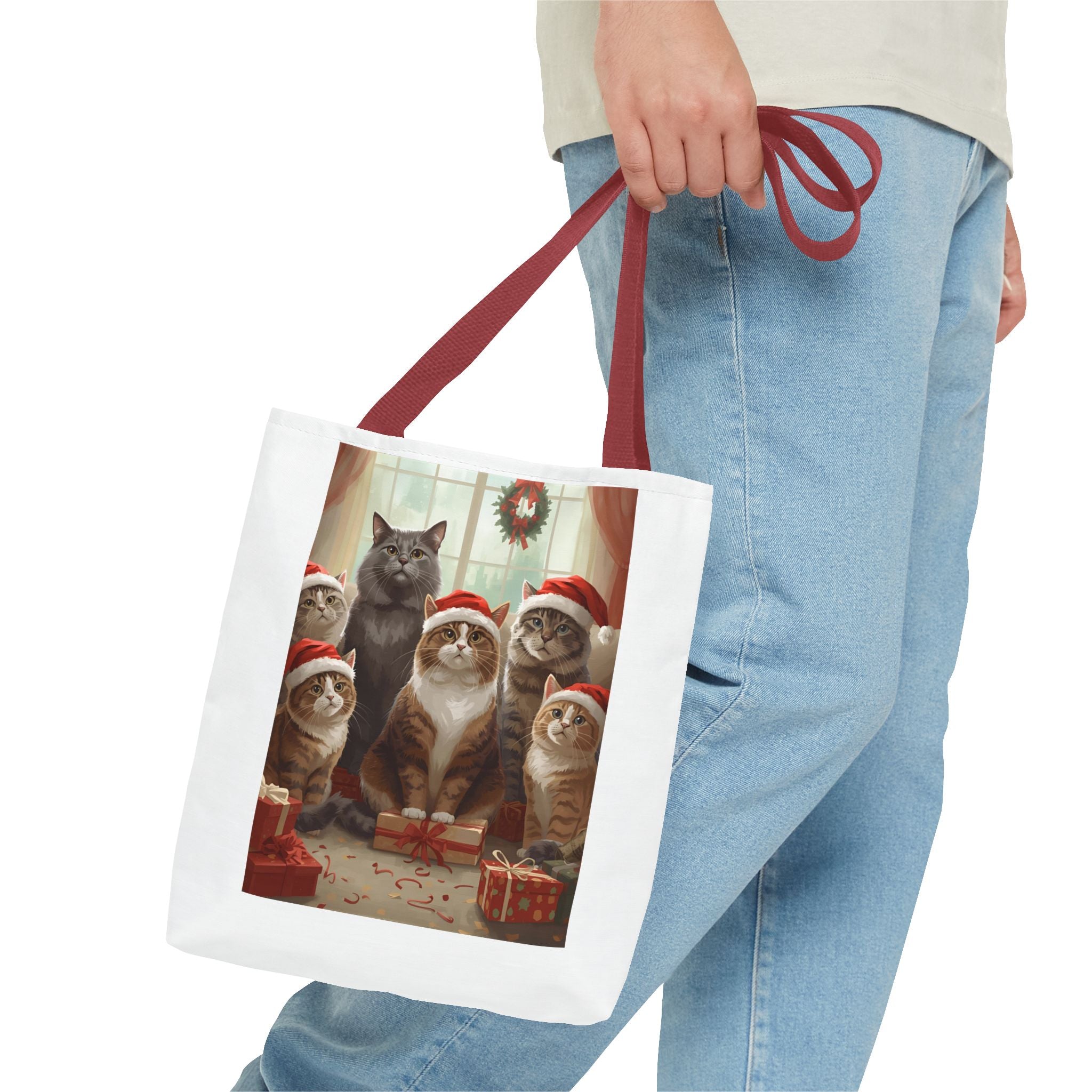 Cute Christmas Festive Cat Tote Bag, Christmas Gift, Holiday Shopping Bag, Cute Cat Lover Bag, AOP Tote for Cat Enthusiasts