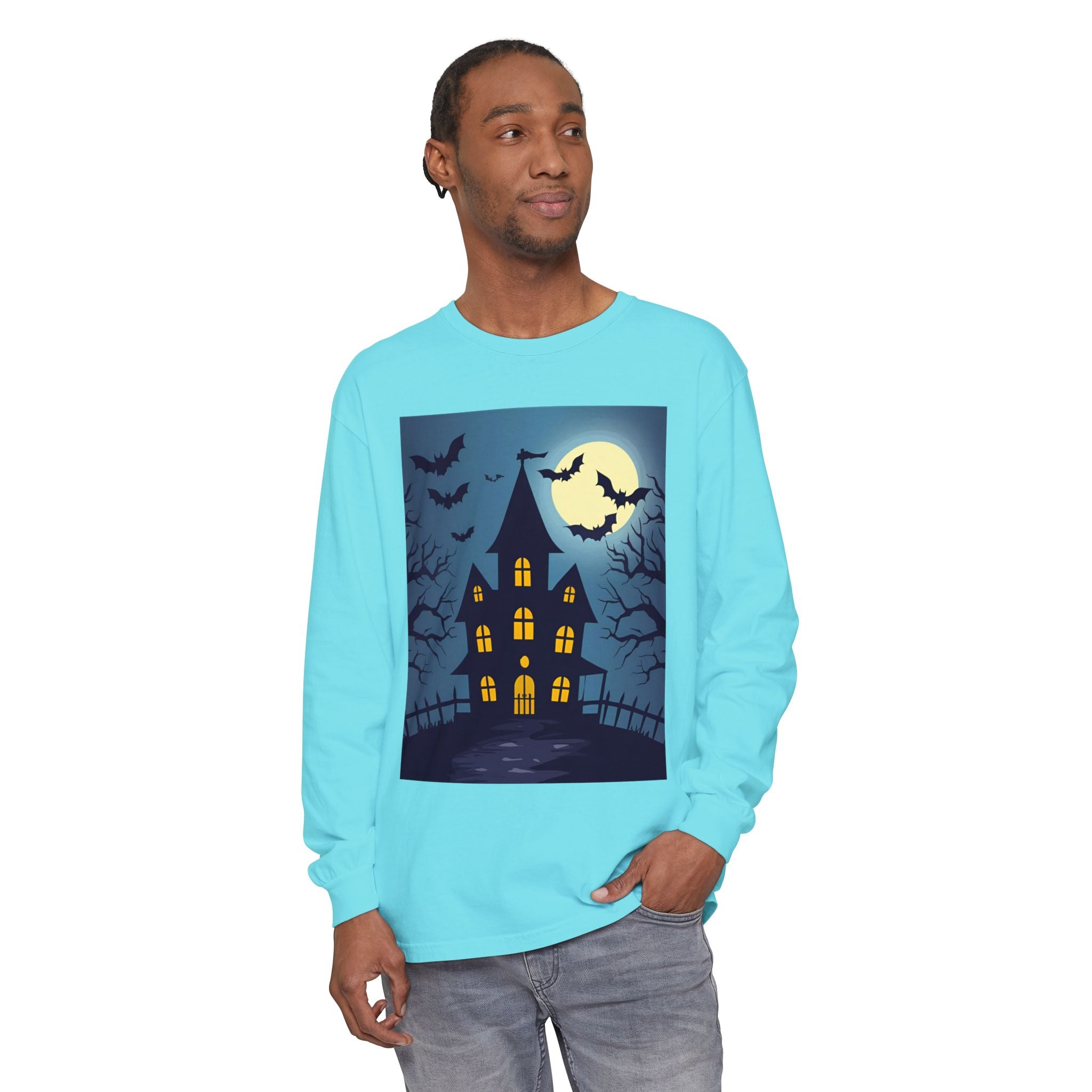 Haunted House Long Sleeve T-Shirt | Halloween Apparel, Fall Fashion, Spooky Shirt, Unisex Tee, Ghostly Vibes