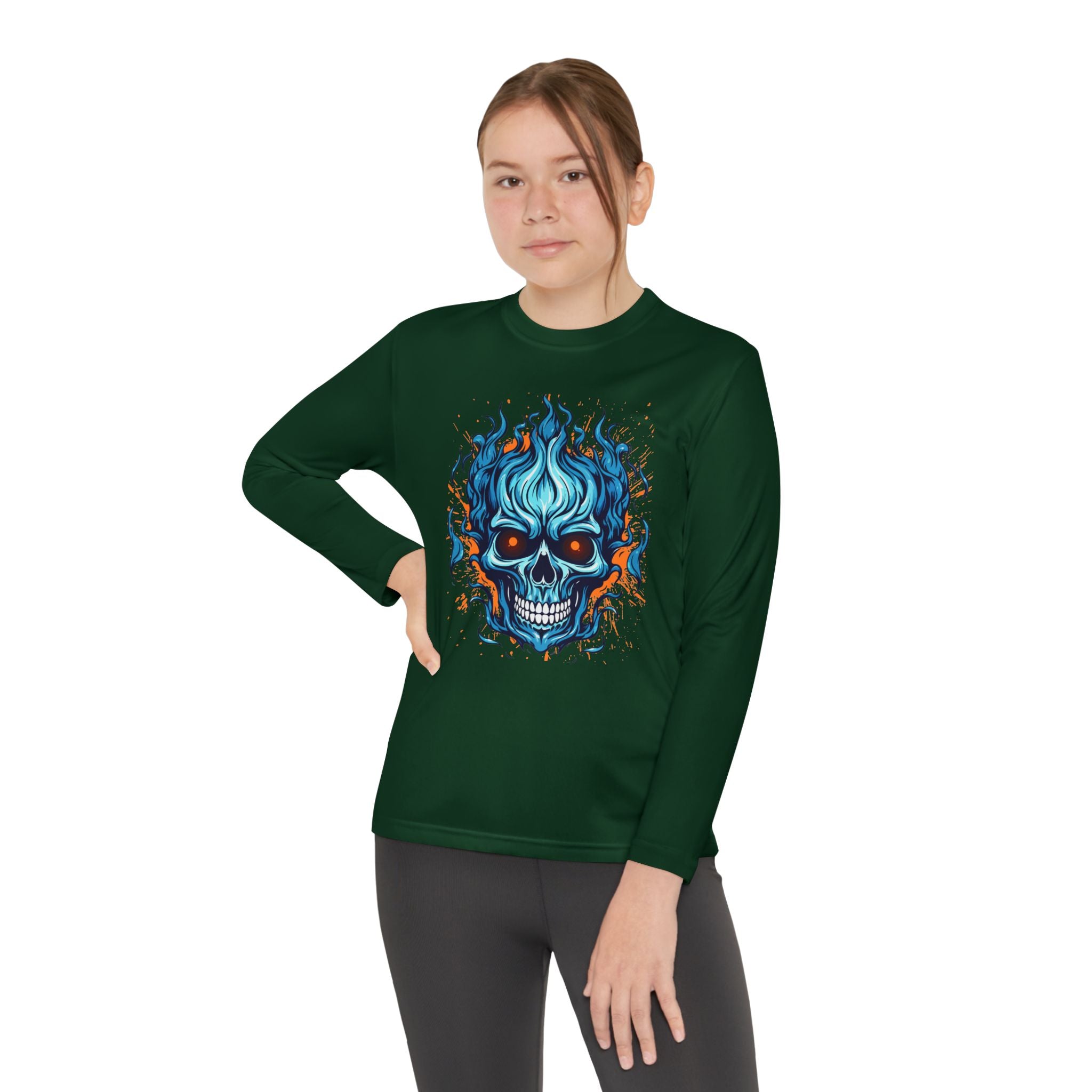 Skull Flame Youth Long Sleeve Skull Tee, Perfect for Halloween, Edgy Gift for Teens, Cozy Casual Wear, Skull Art Graphic Tee, Unique Birthday Present