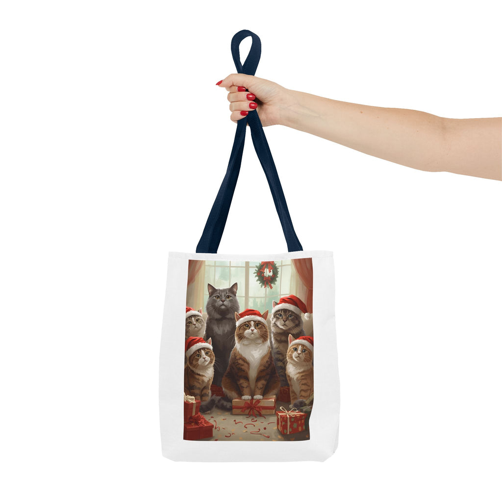 Cute Christmas Festive Cat Tote Bag, Christmas Gift, Holiday Shopping Bag, Cute Cat Lover Bag, AOP Tote for Cat Enthusiasts