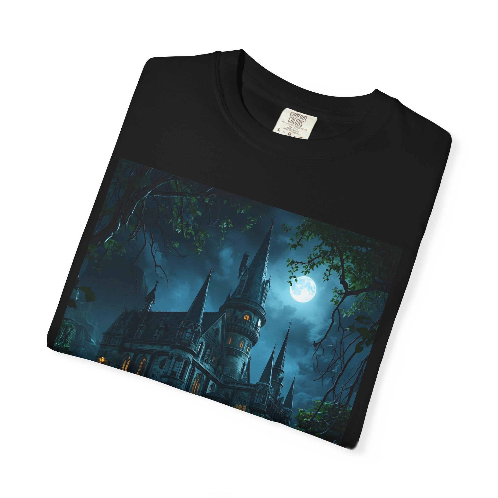 Mystical Night Scene Castle T-Shirt, Spooky Tees, Halloween Apparel, Gothic Style Shirt, Unisex Shirt, Nighttime Scene Tee