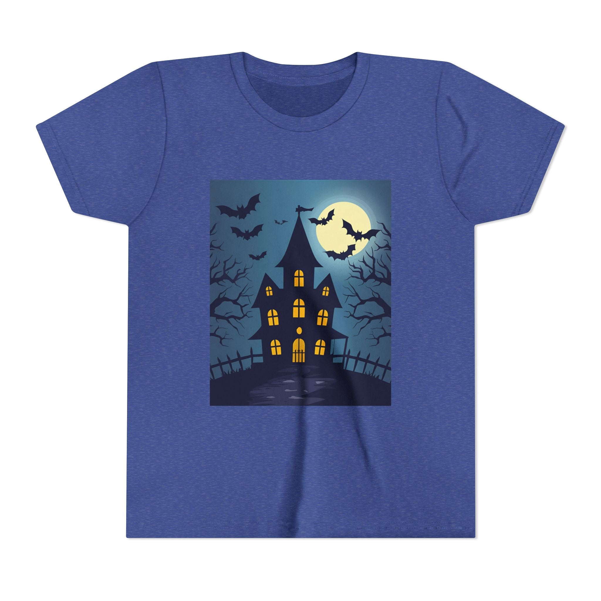 Spooky Halloween Haunted House Youth Tee, Kids Ghost T-Shirt, Haunted House Apparel, Bat Design Shirt, Trick or Treat Clothing
