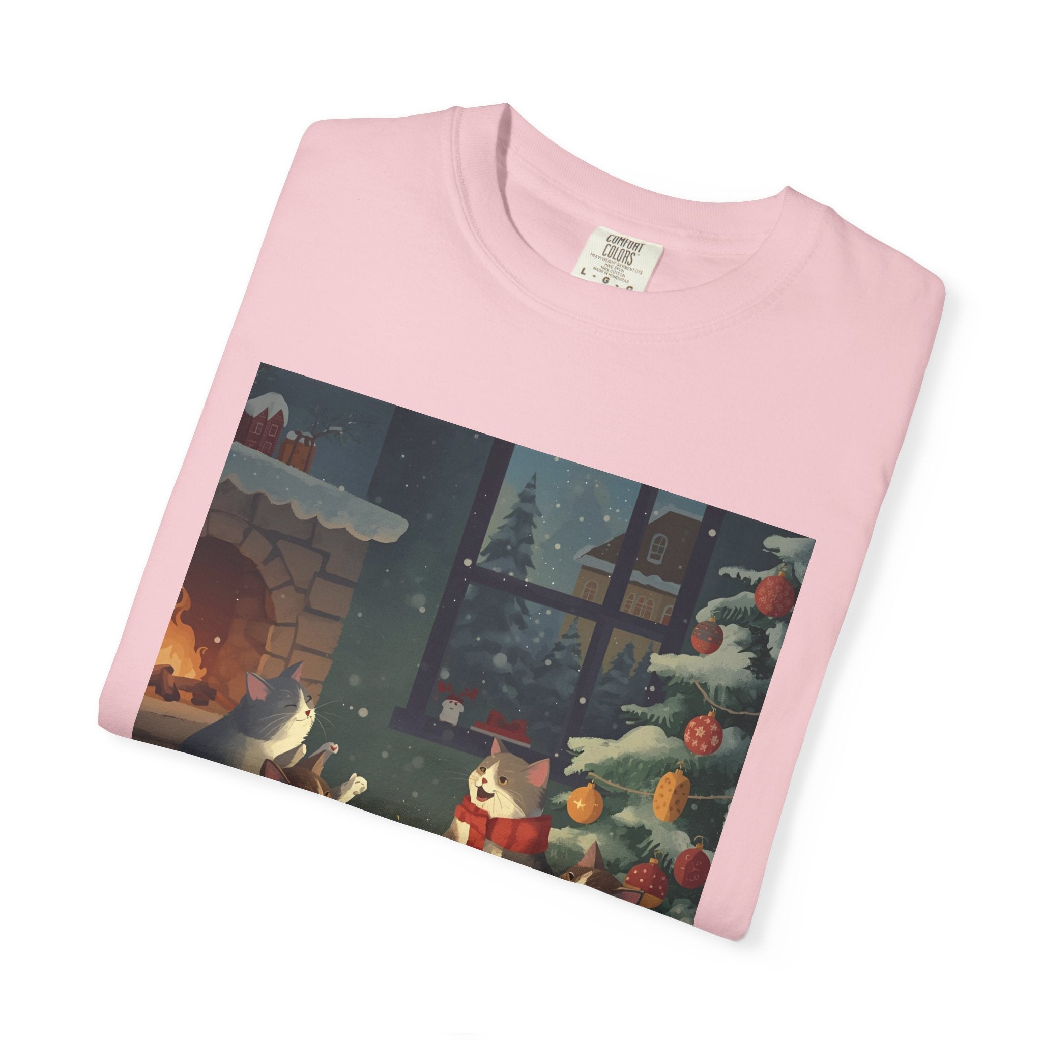 Cozy Cat Campfire T-shirt, Unisex Garment-Dyed Tee, Holiday Gift, Cat Lover Gift, Cute Winter T-shirt, Cozy Nightwear, Christmas Shirt