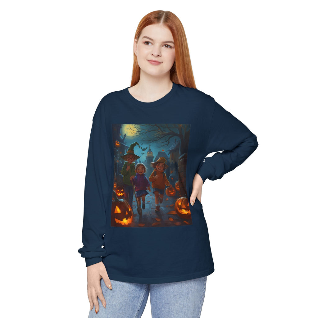 Halloween Themed Unisex Long Sleeve T-Shirt, Spooky Autumn Apparel, Trick-or-Treat Shirt, Fall Fashion, Casual Halloween Outfits