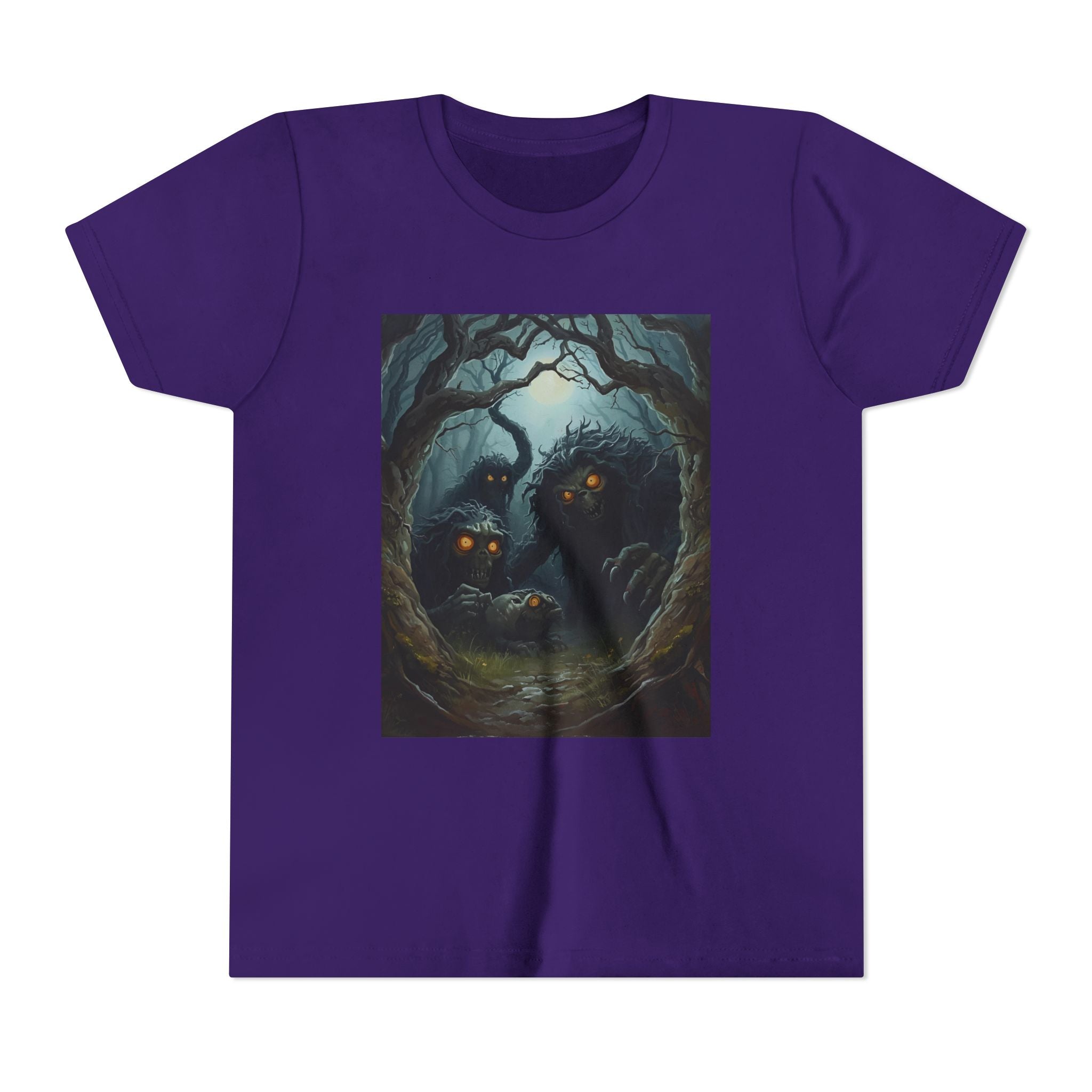 Spooky Mystical Forest Creatures Youth Tee, Cool Graphic T-Shirt, Kids Nature Shirt, Unique Gift for Boys & Girls, Perfect for Halloween
