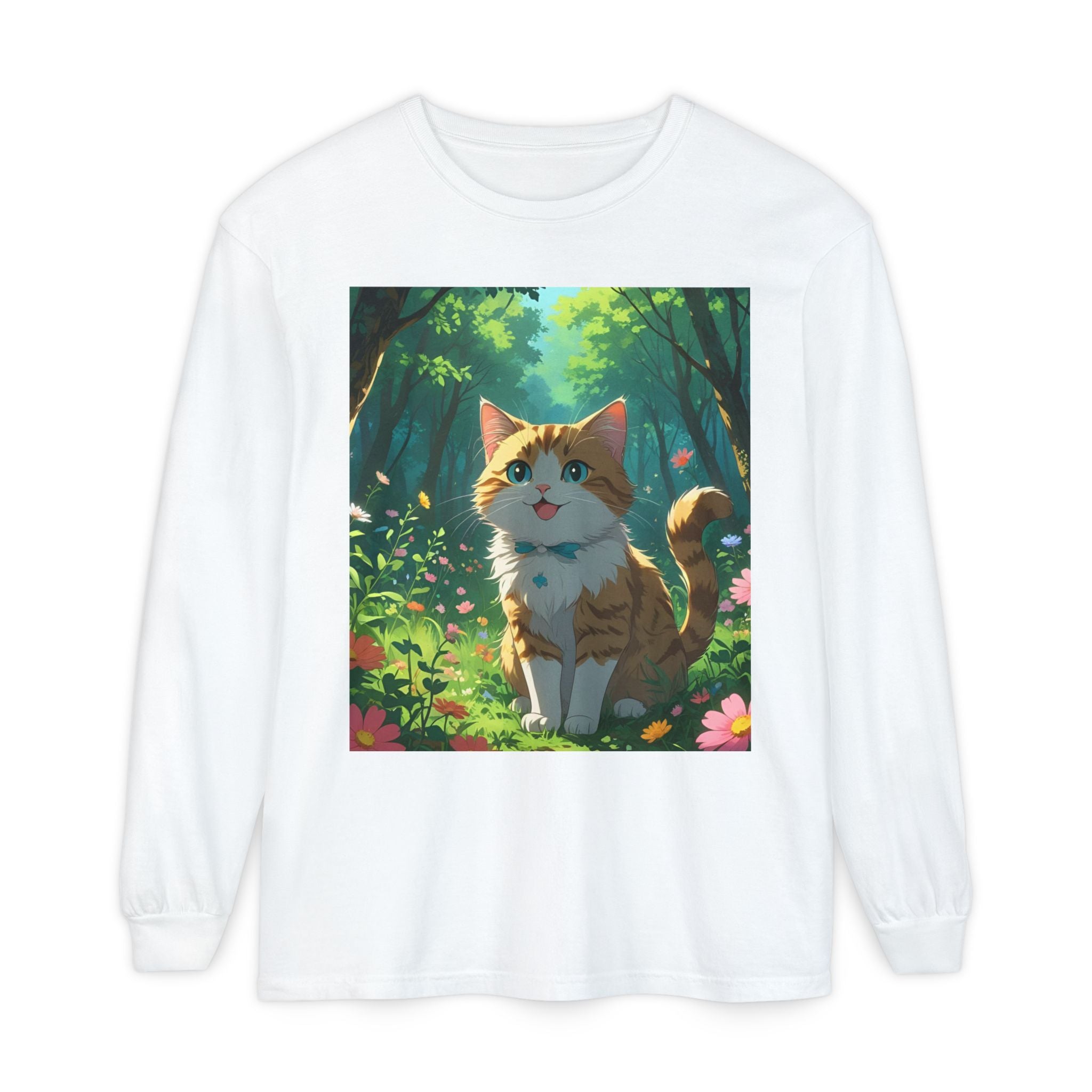 Whimsical Cat In Forest Long Sleeve T-Shirt - Perfect for Cat Lovers, Nature Enthusiasts, Gifts, Cozy Wear, Everyday Style