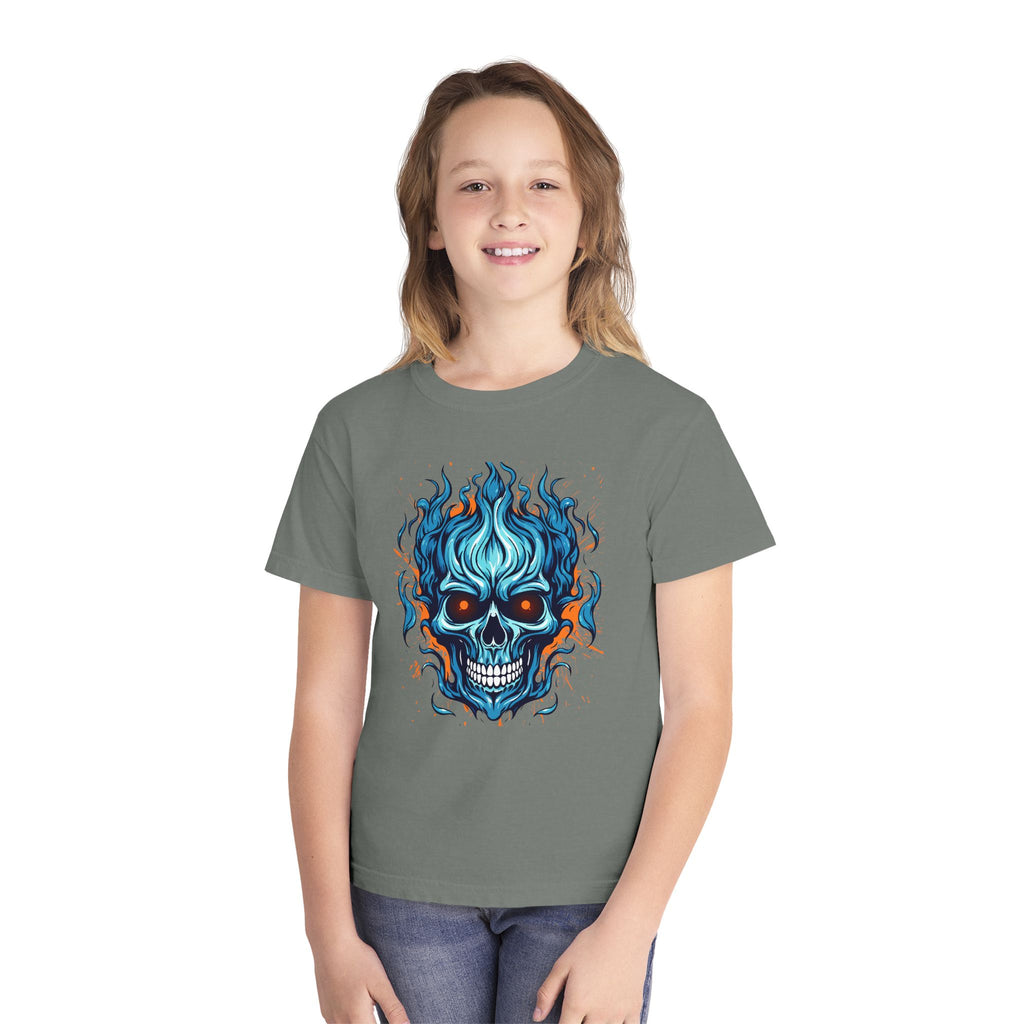 Skull Flame Youth Graphic Skull Tee, Cool Teen Fashion, Edgy Summer Wear, Halloween Costume, Unique Gift for Kids, Casual Everyday Style