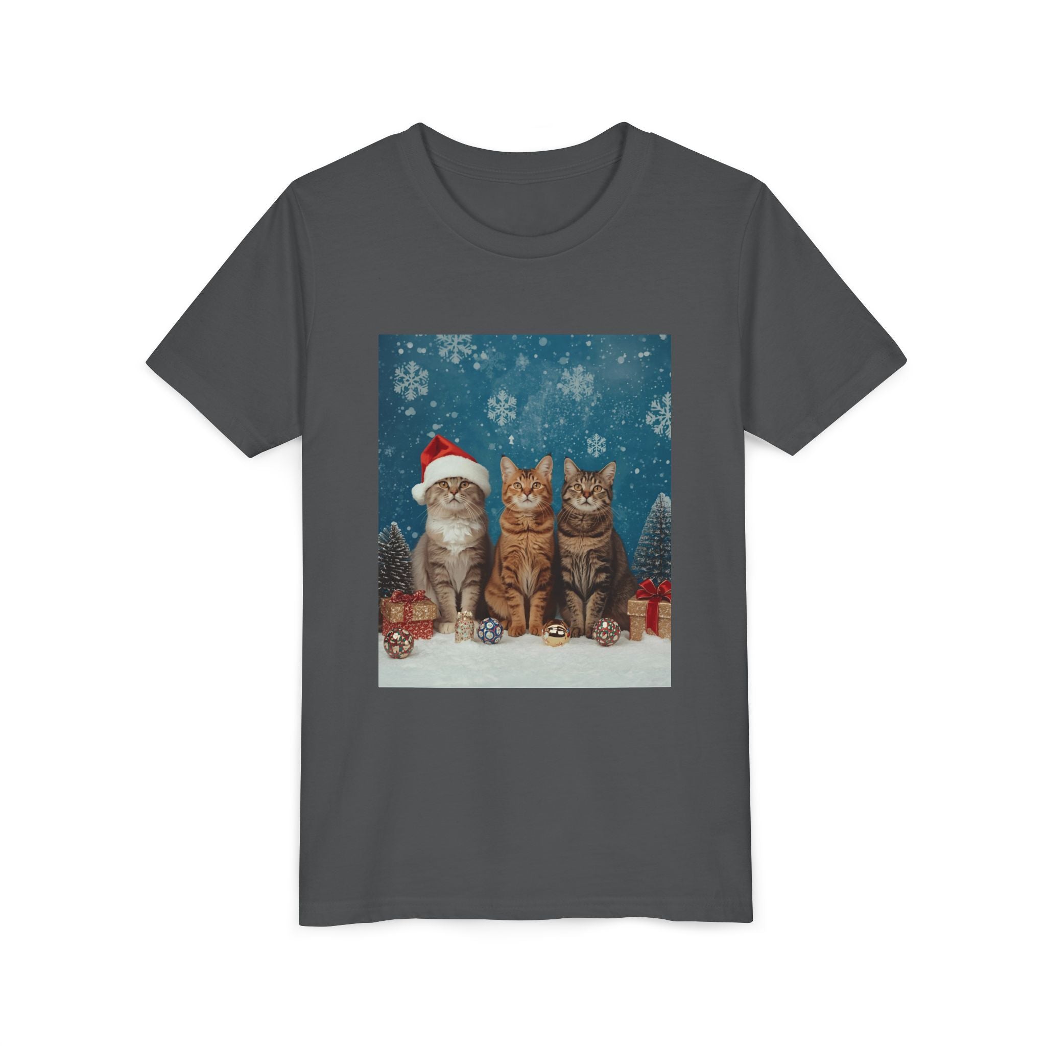 Cute Cat Festive Christmas Youth Short Sleeve Tee