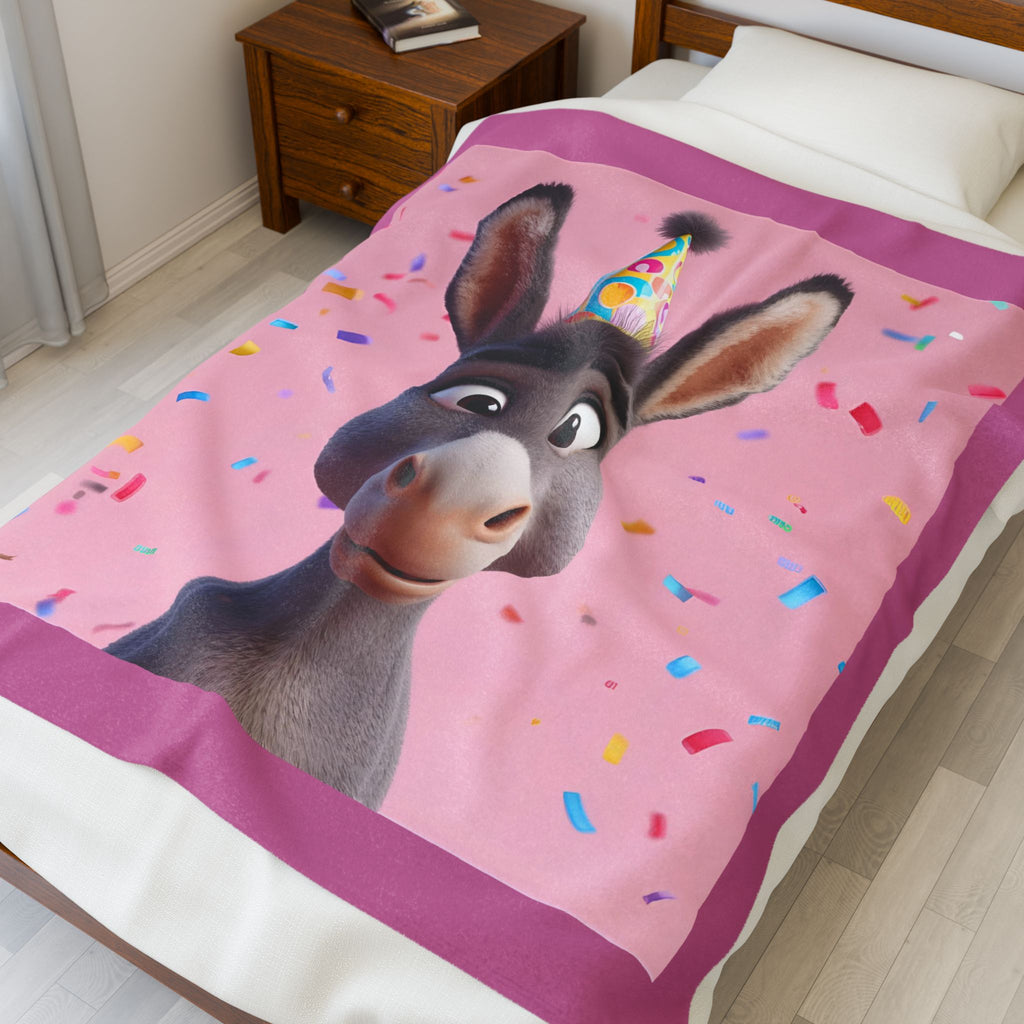 Donkey Birthday Celebration Velveteen Plush Blanket, Soft Throw for Kids, Cozy Home Decor, Gift for Birthdays, Kids Room