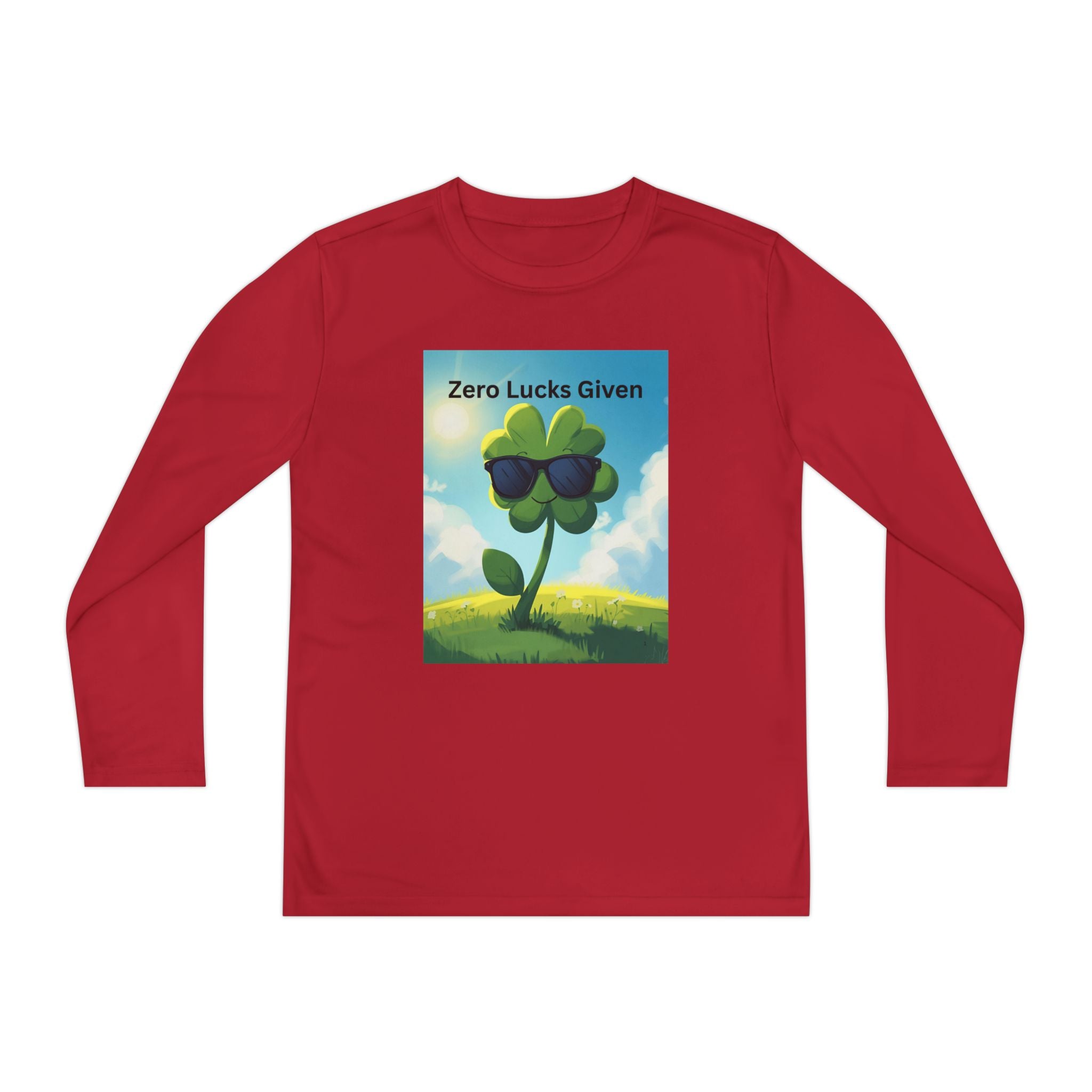 Zero Lucks Given Youth Long Sleeve Tee, Fun Graphic Shirt, Clover Print Top, Gift for Kids, Statement Tee, Birthday Gift