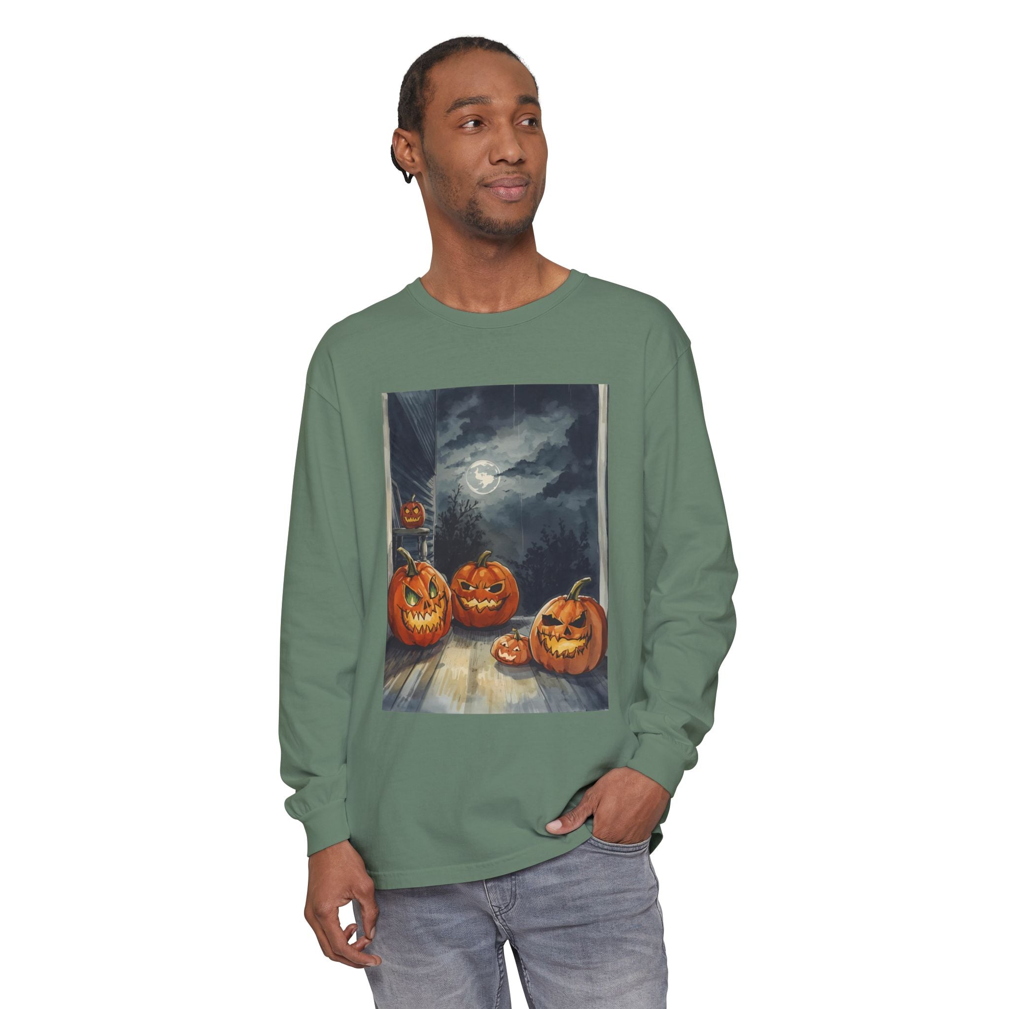 Halloween Pumpkin Scary Unisex Garment-dyed Long Sleeve T-Shirt