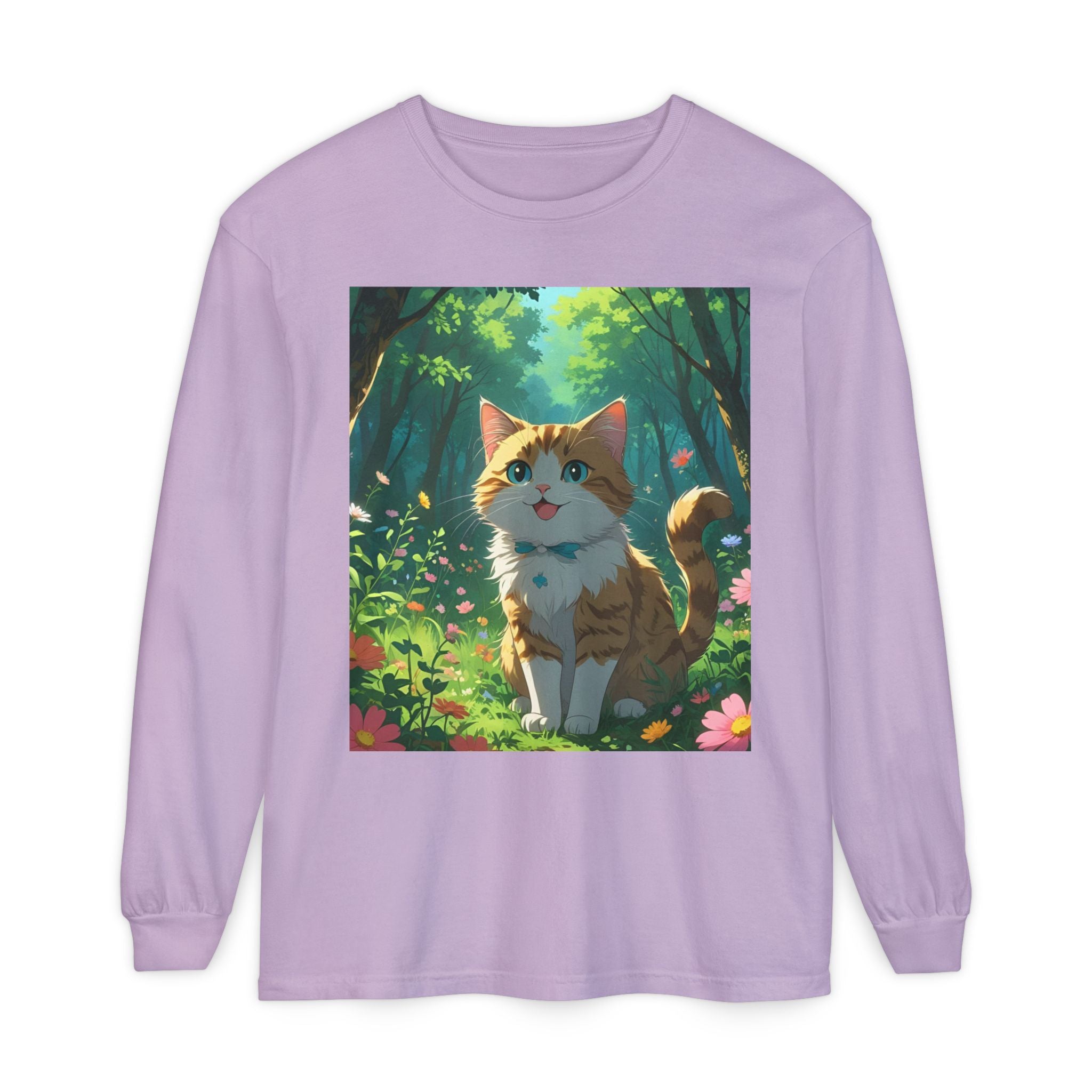 Whimsical Cat In Forest Long Sleeve T-Shirt - Perfect for Cat Lovers, Nature Enthusiasts, Gifts, Cozy Wear, Everyday Style