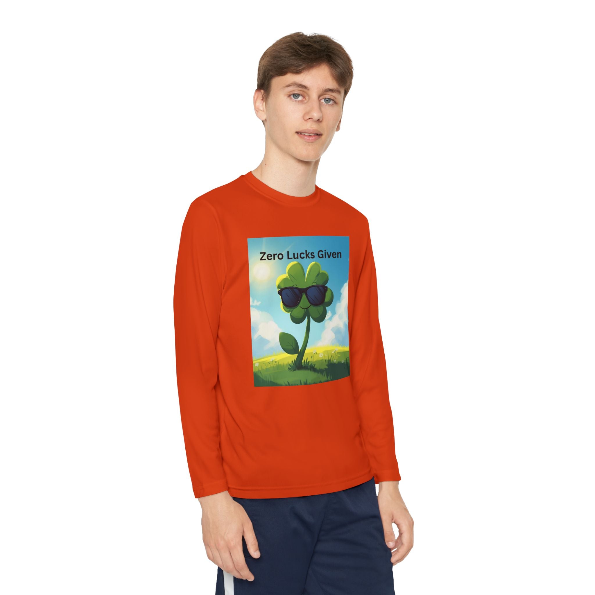 Zero Lucks Given Youth Long Sleeve Tee, Fun Graphic Shirt, Clover Print Top, Gift for Kids, Statement Tee, Birthday Gift