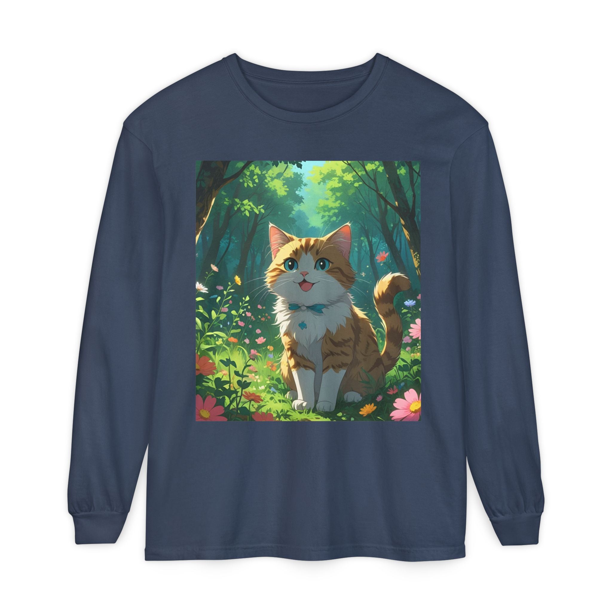 Whimsical Cat In Forest Long Sleeve T-Shirt - Perfect for Cat Lovers, Nature Enthusiasts, Gifts, Cozy Wear, Everyday Style