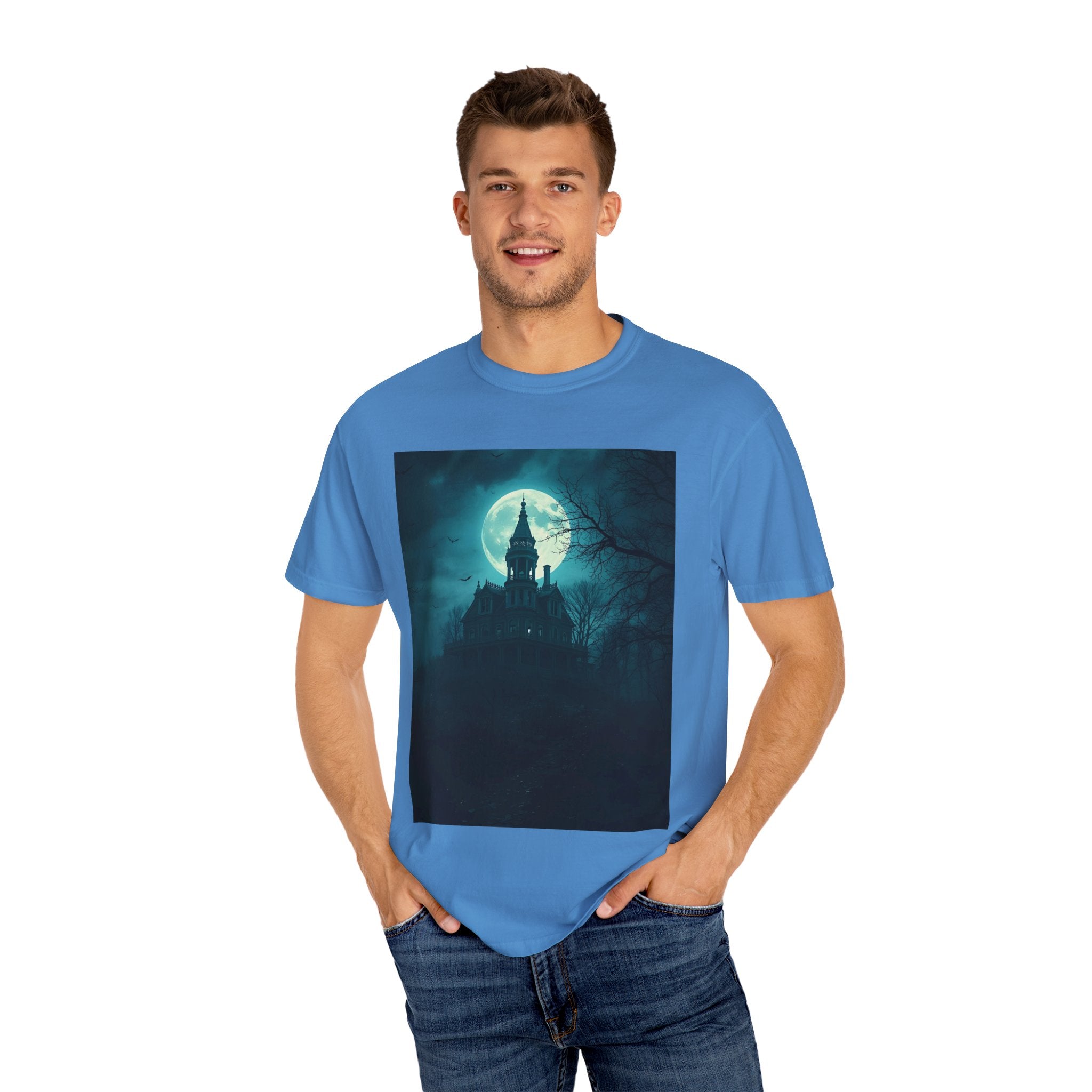 Haunted Moonlight Spooky Castle Graphic Tee | Unisex Garment-Dyed T-shirt, Halloween Shirt, Graphic Tee, Casual Wear, Gift for Ghost Lovers