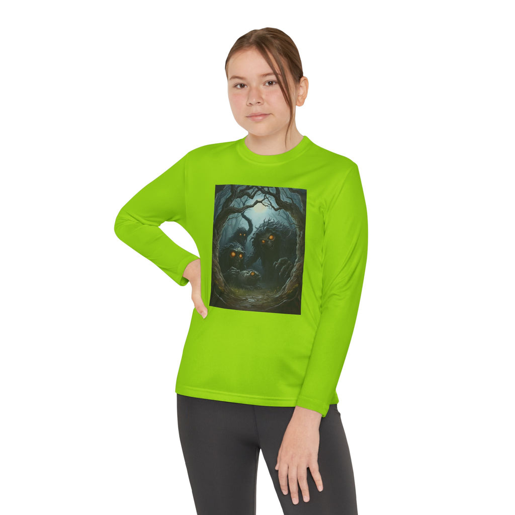 Spooky Forest Creatures Youth Long Sleeve Tee with Enchanted Forest Design, Comfortable Unisex T-Shirt for All Seasons, Perfect for Halloween and Nature Lovers