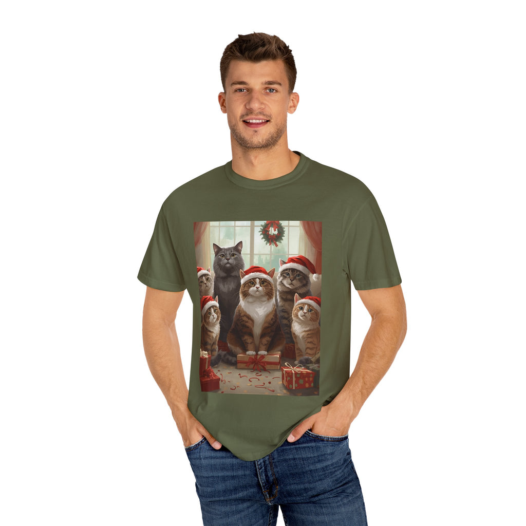 Cute Festive Funny Christmas Cat T-Shirt, Holiday Gift for Cat Lovers, Cute Tee for Winter, Unisex Garment-Dyed Shirt, Christmas Apparel, Festive Outfit