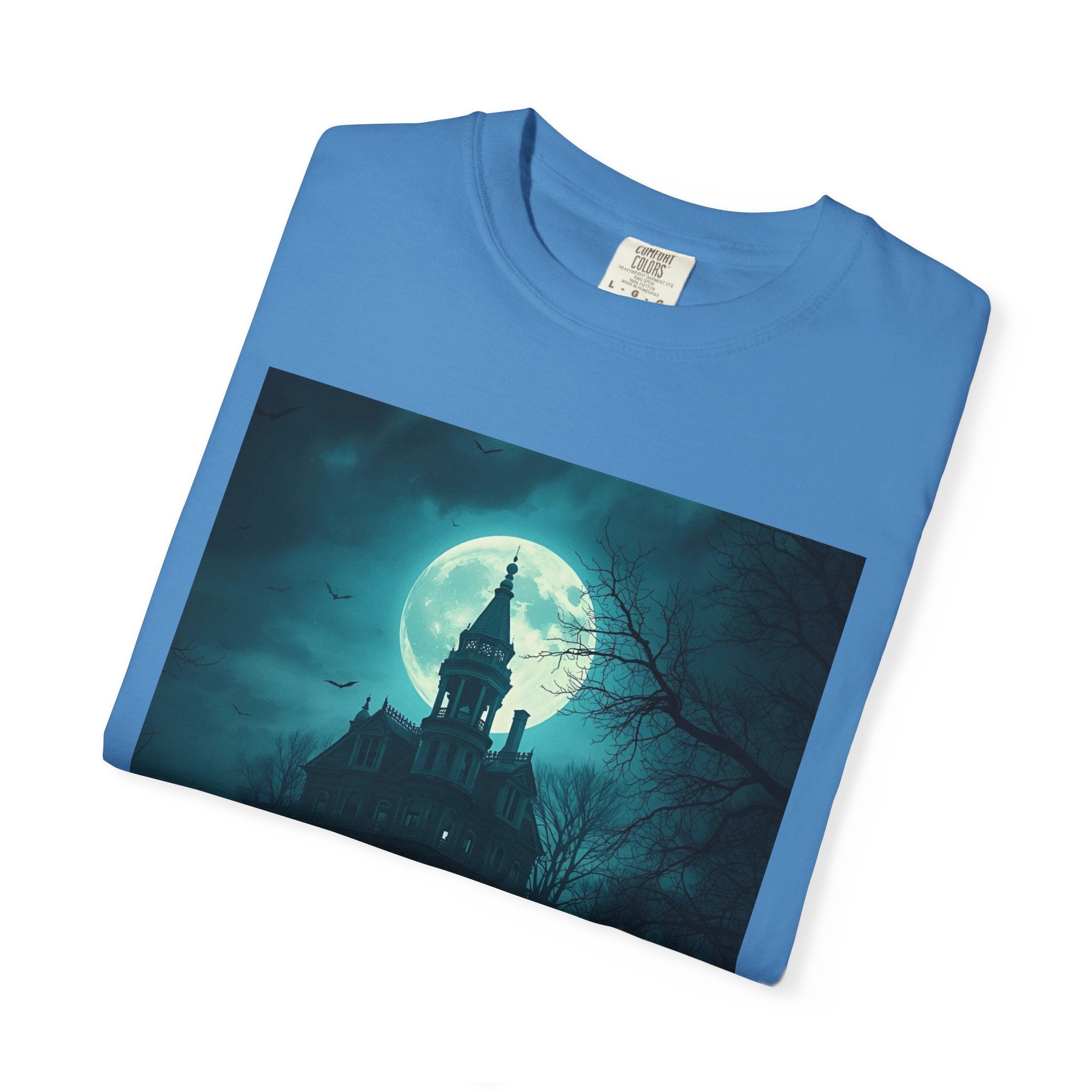 Haunted Moonlight Spooky Castle Graphic Tee | Unisex Garment-Dyed T-shirt, Halloween Shirt, Graphic Tee, Casual Wear, Gift for Ghost Lovers
