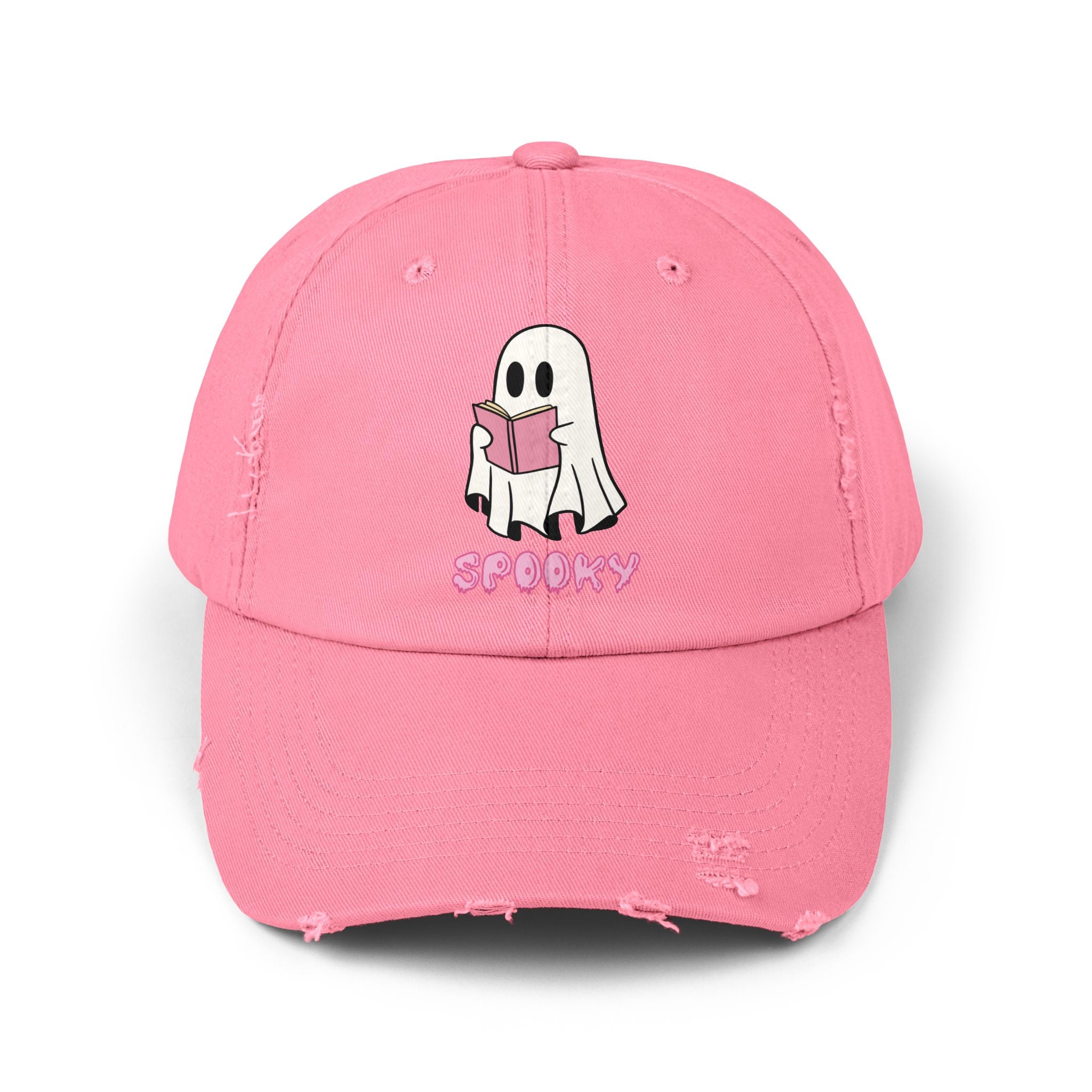 Spooky Ghost Reading Distressed Cap, Halloween Hat, Cute Adjustable Cap, Casual Everyday Wear, Trendy Fashion Accessory