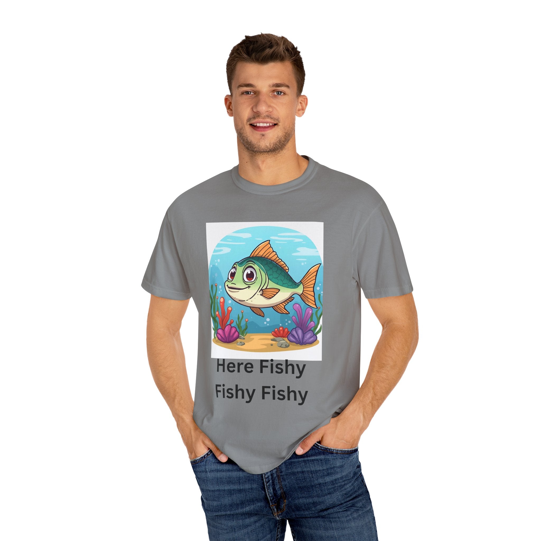 Here Fishy Fishy Fishy Colorful Fish-Themed Unisex T-Shirt, Fun Graphic Tee for Kids and Adults, Perfect for Summer, Fishing Trips, and Gift Giving