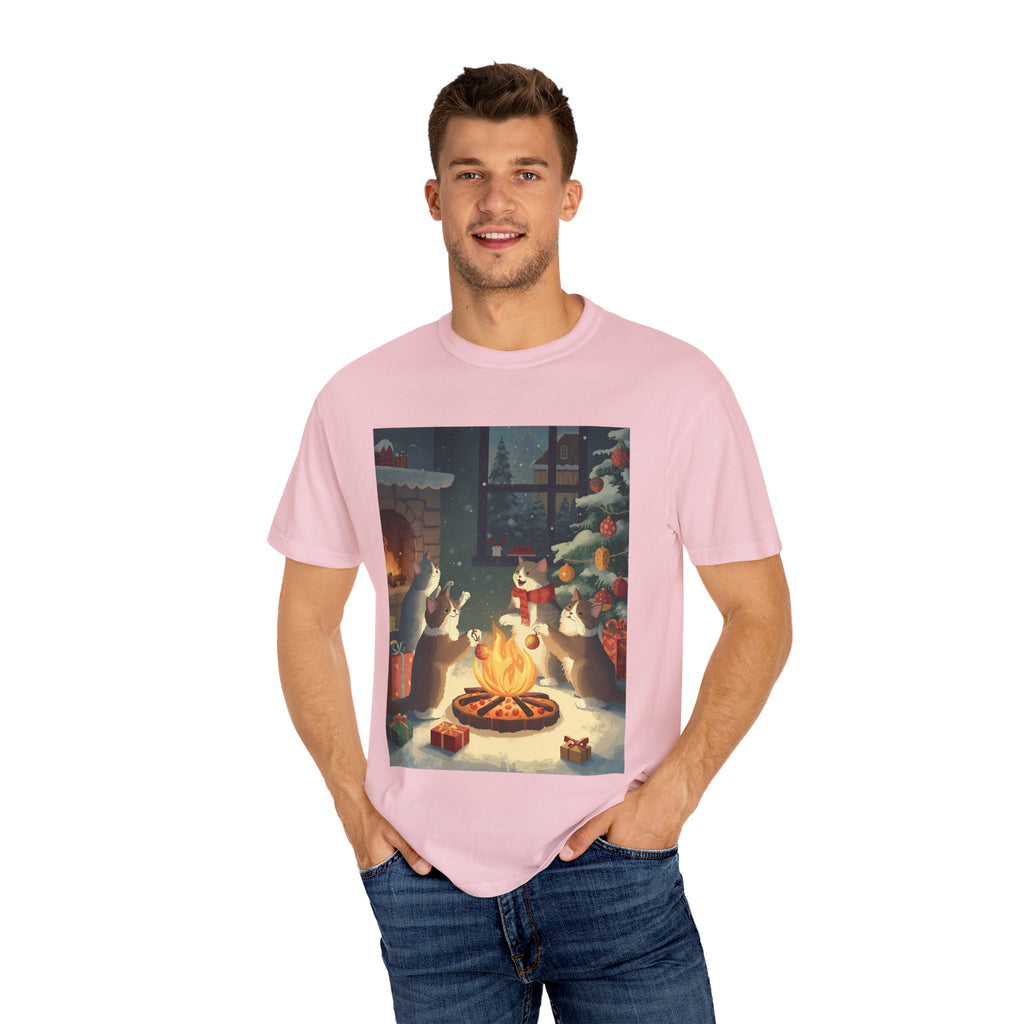 Cozy Cat Campfire T-shirt, Unisex Garment-Dyed Tee, Holiday Gift, Cat Lover Gift, Cute Winter T-shirt, Cozy Nightwear, Christmas Shirt