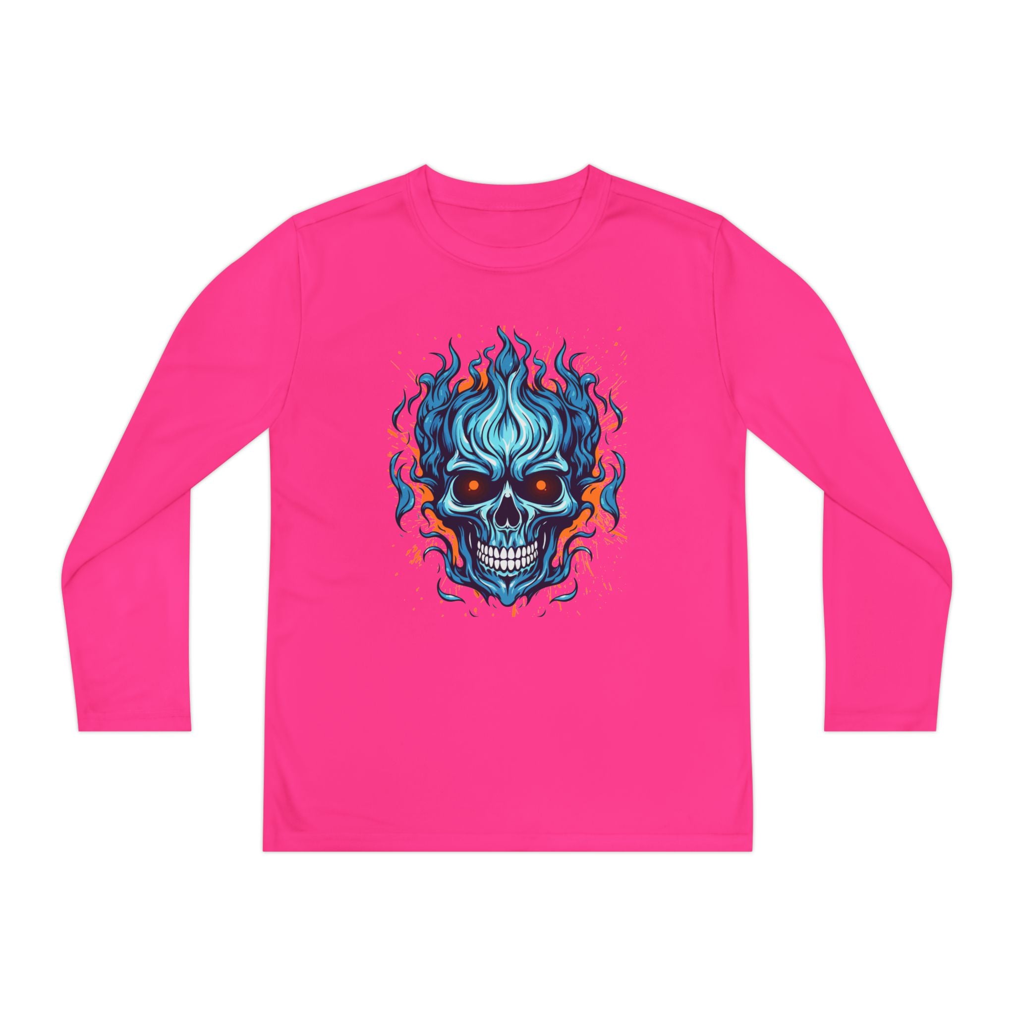 Skull Flame Youth Long Sleeve Skull Tee, Perfect for Halloween, Edgy Gift for Teens, Cozy Casual Wear, Skull Art Graphic Tee, Unique Birthday Present