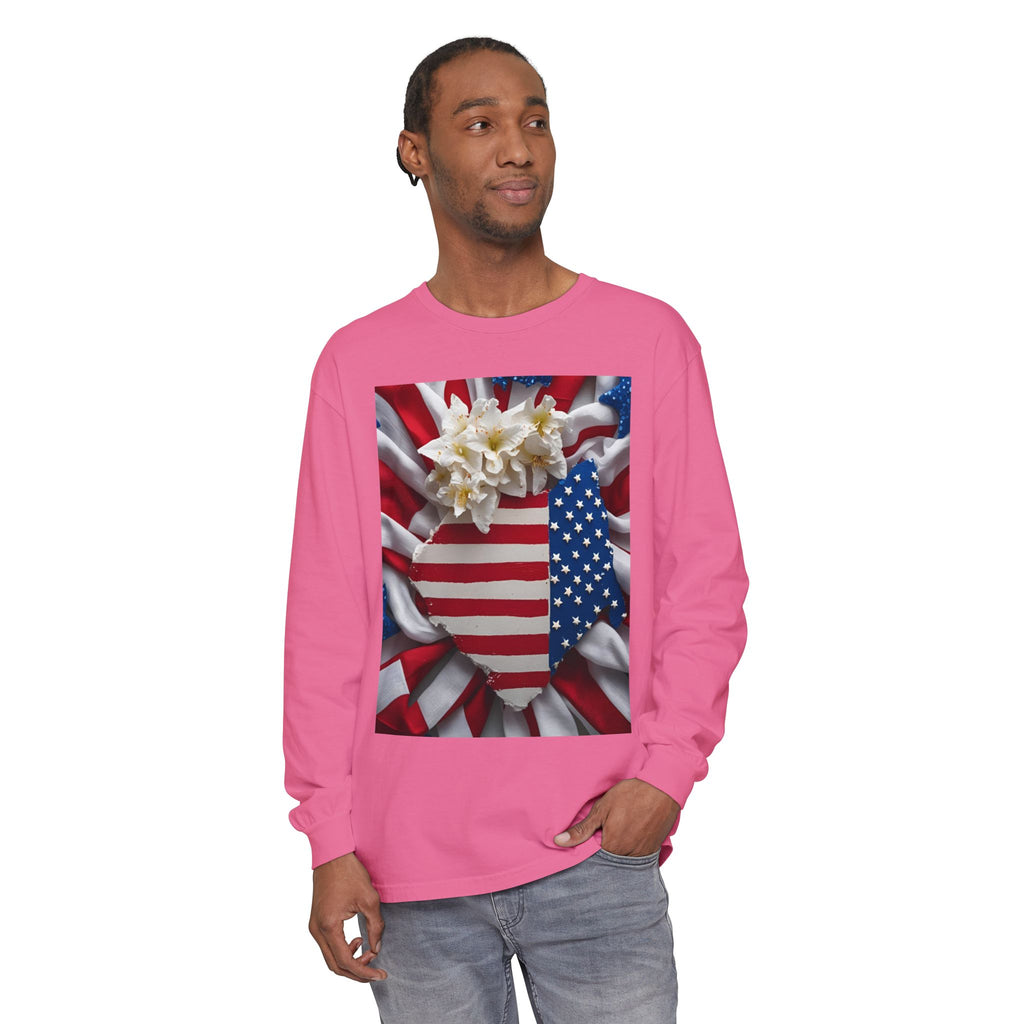 Patriotic Long Sleeve T-Shirt | Unisex Garment-Dyed Tee for Independence Day, Memorial Day, Fourth of July, Summer BBQs, Gifts