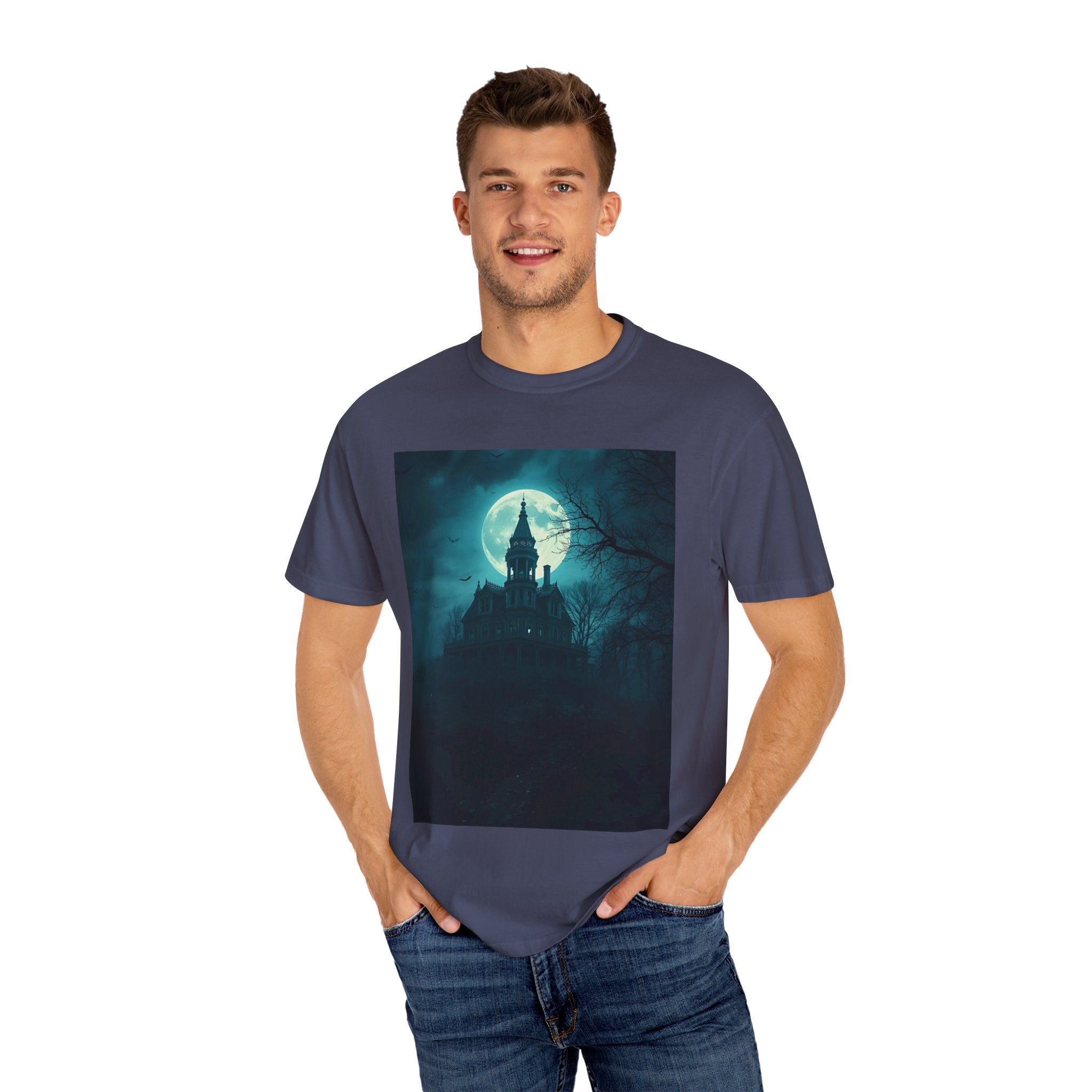 Haunted Moonlight Spooky Castle Graphic Tee | Unisex Garment-Dyed T-shirt, Halloween Shirt, Graphic Tee, Casual Wear, Gift for Ghost Lovers