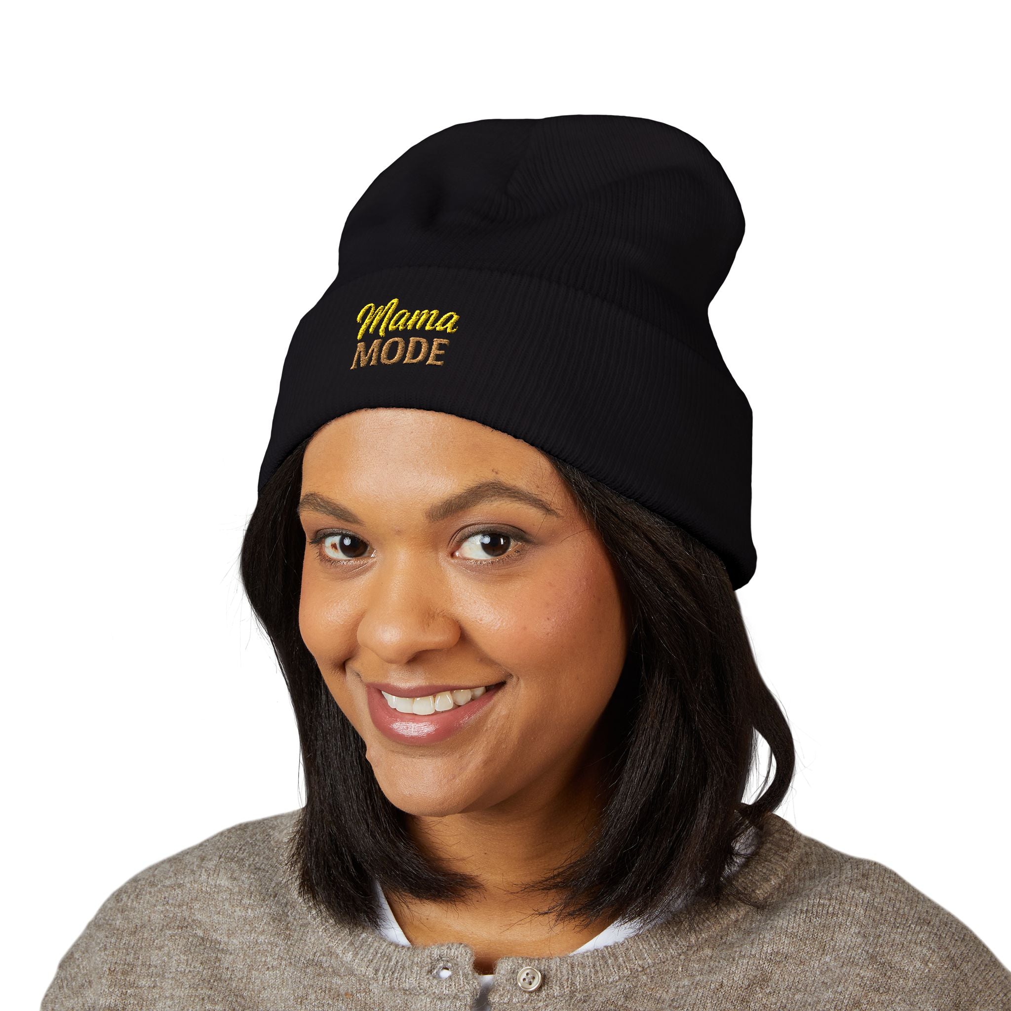 Mama Mode Embroidered Cuffed Beanie — Cozy Mom Hat, New Mom Gift