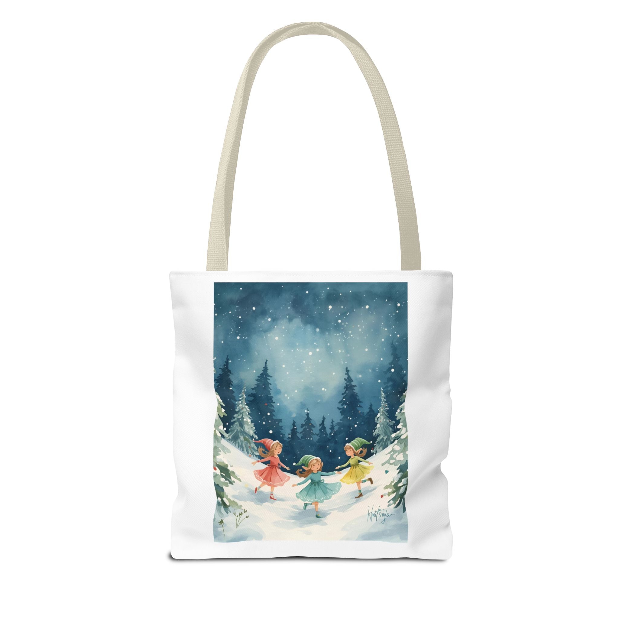 Winter Wonderland Tote Bag, Cute Girls Playing in Snow, AOP Design, Perfect for Gifts, Seasonal Bag, Eco-Friendly Shopping