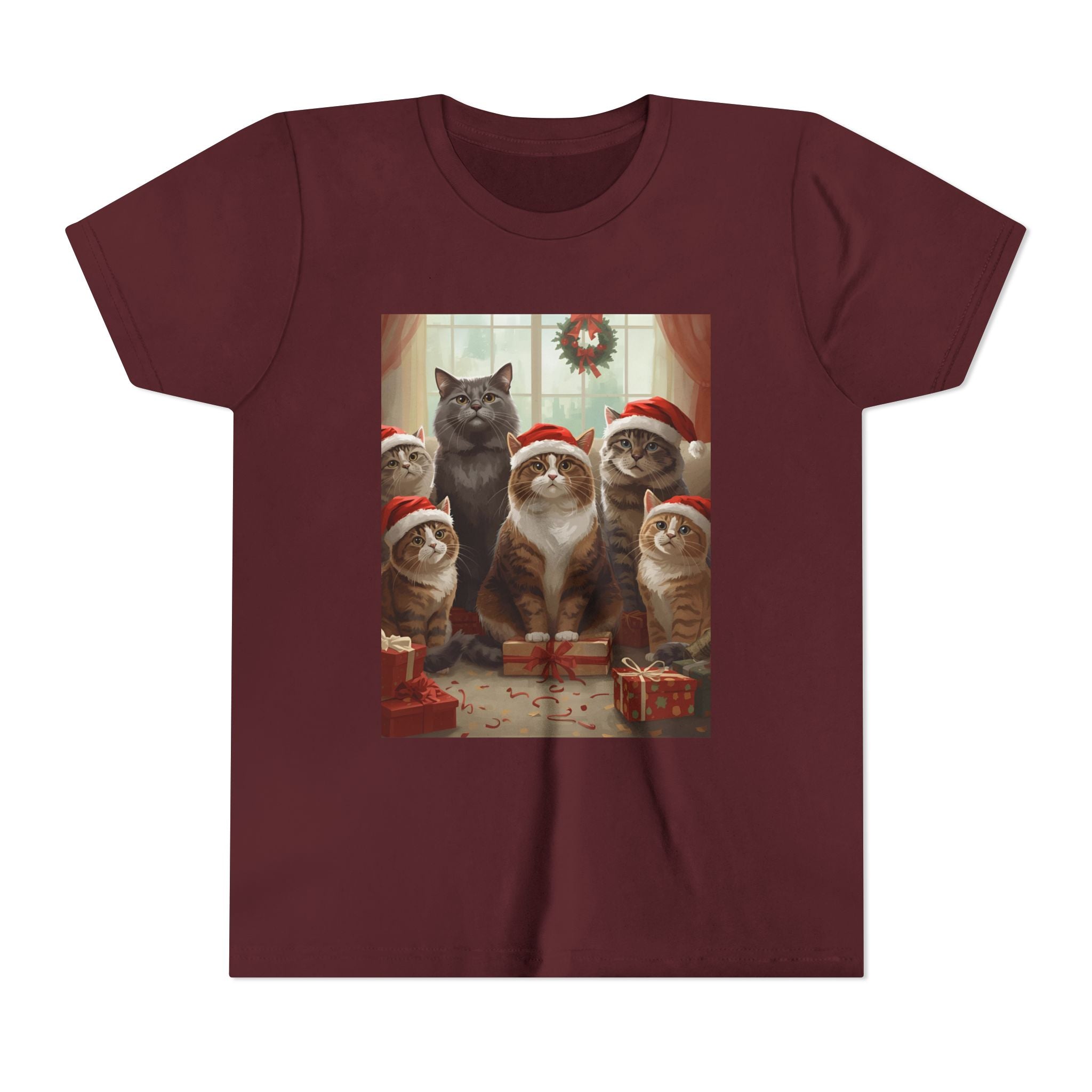 Cute Festive Christmas Cat Youth Short Sleeve Tee