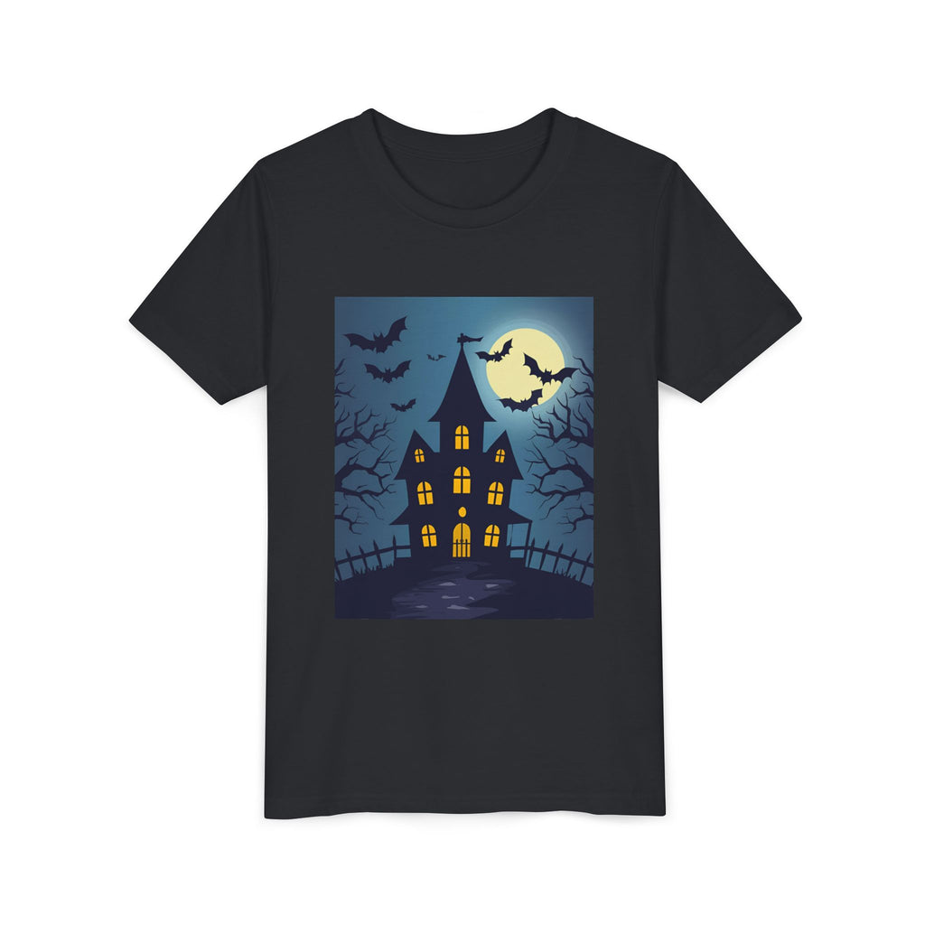 Spooky Halloween Haunted House Youth Tee, Kids Ghost T-Shirt, Haunted House Apparel, Bat Design Shirt, Trick or Treat Clothing