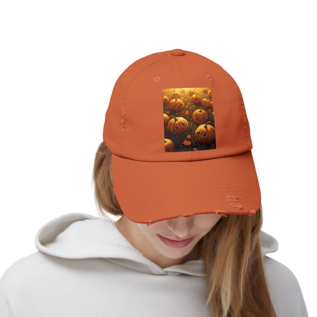 Unisex Distressed Pumpkin Cap, Vintage Halloween Hat, Fall Fashion Accessory, Casual Everyday Wear, Gift for Pumpkin Lovers