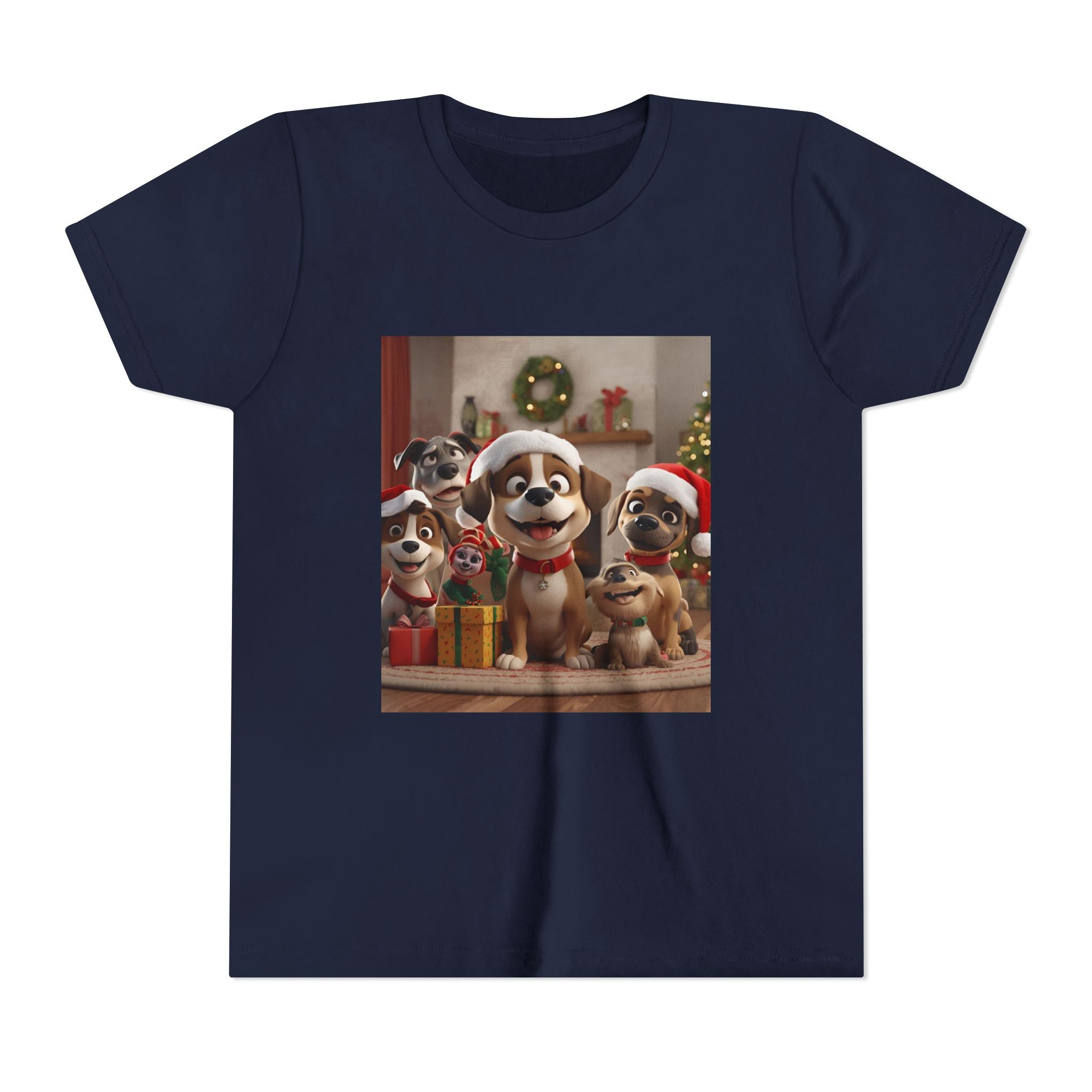 Cute Festive Christmas Dog Youth Short Sleeve Tee