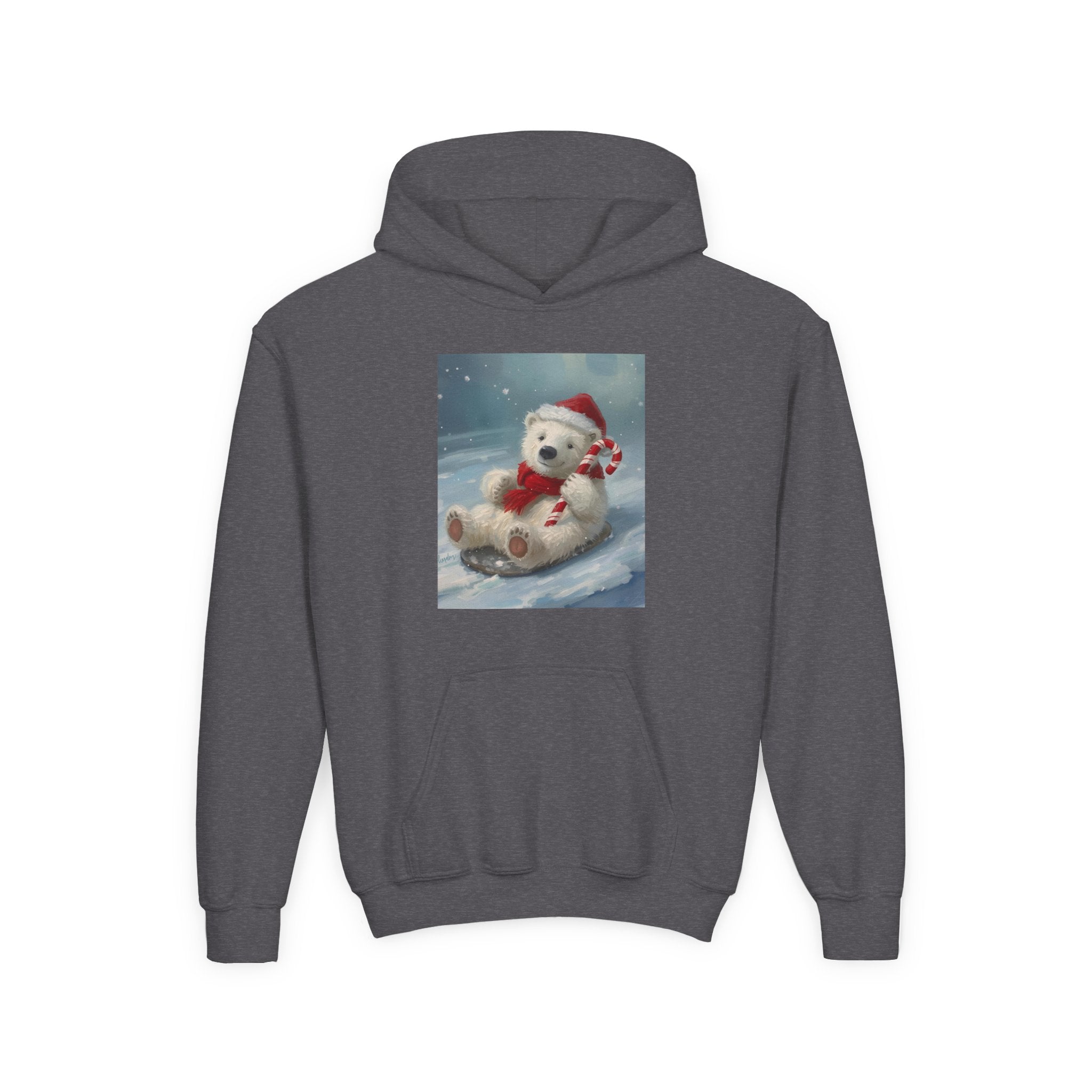 Cozy Christmas Bear Youth Hooded Sweatshirt, Winter Hoodie, Holiday Gift, Cute Sweatshirt for Kids, Festive Apparel
