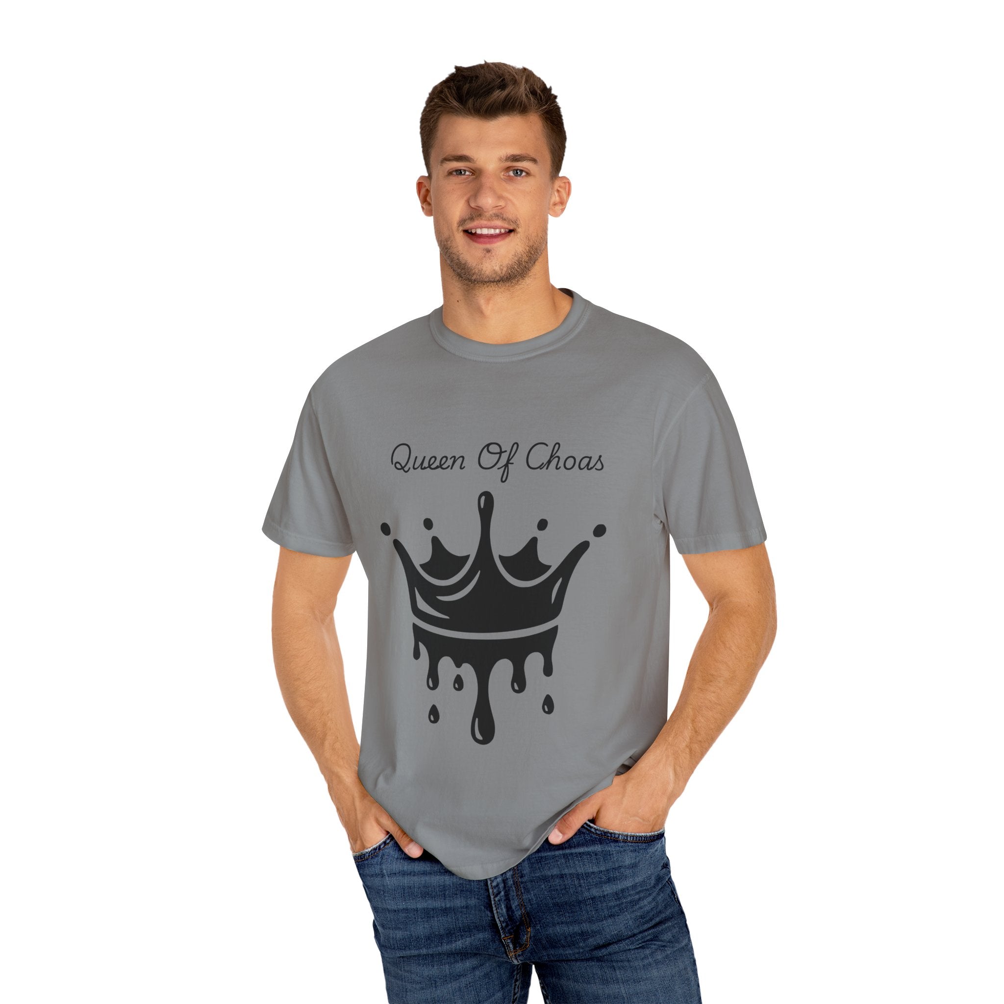 Queen of Chaos Unisex Garment-Dyed T-Shirt, Gift for Her, Casual Wear, Birthday Gift, Trendy Graphic Tee, Fun Statement Shirt