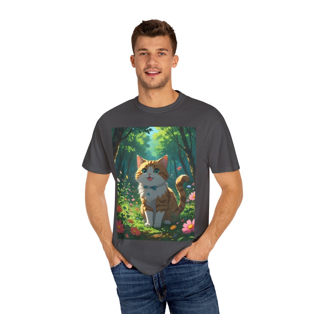 Whimsical Cat In Forest T-Shirt | Nature Lover Gift, Cute Pet Shirt, Animal Art Tee, Summer Outfit, Eco-Friendly Fashion