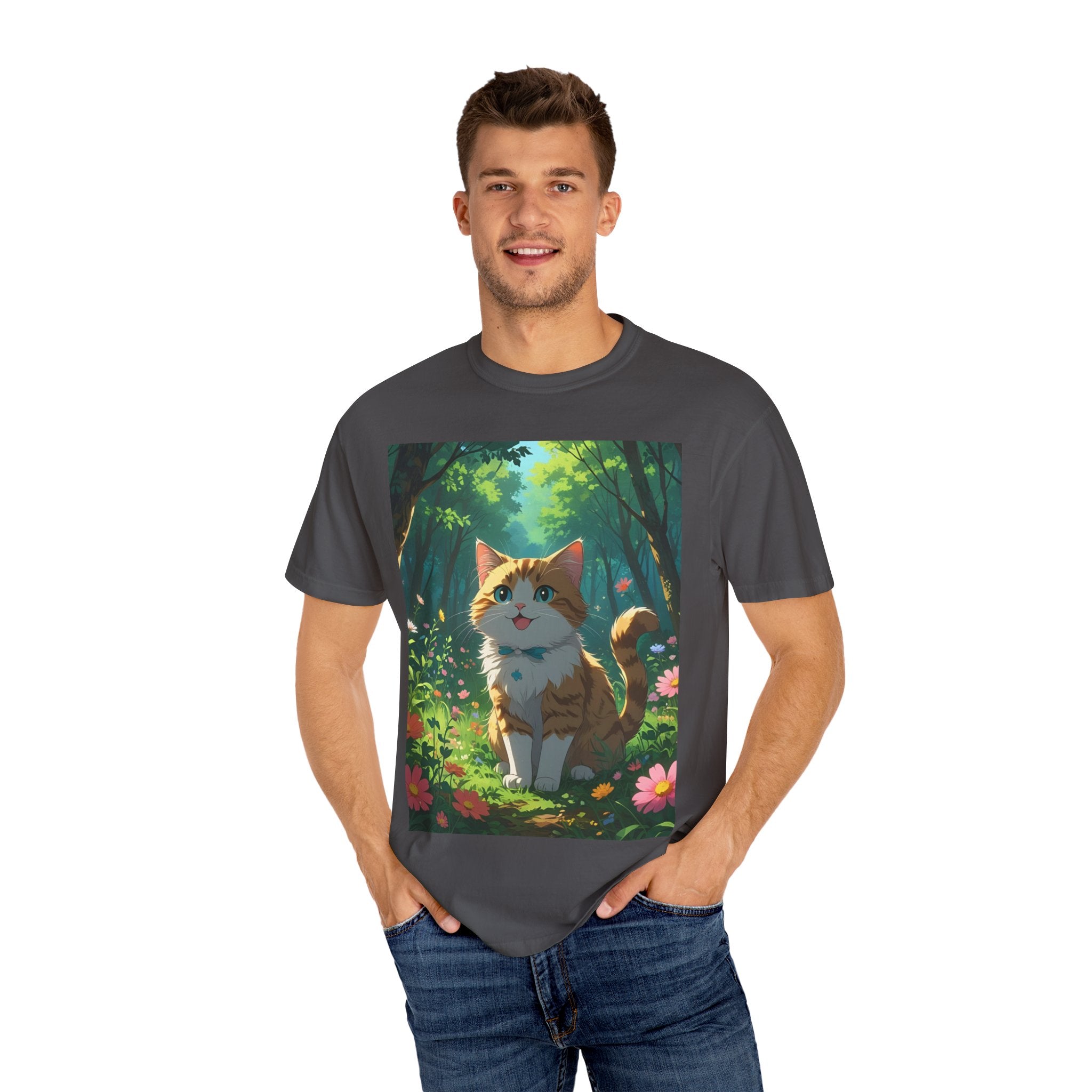 Whimsical Cat In Forest T-Shirt | Nature Lover Gift, Cute Pet Shirt, Animal Art Tee, Summer Outfit, Eco-Friendly Fashion