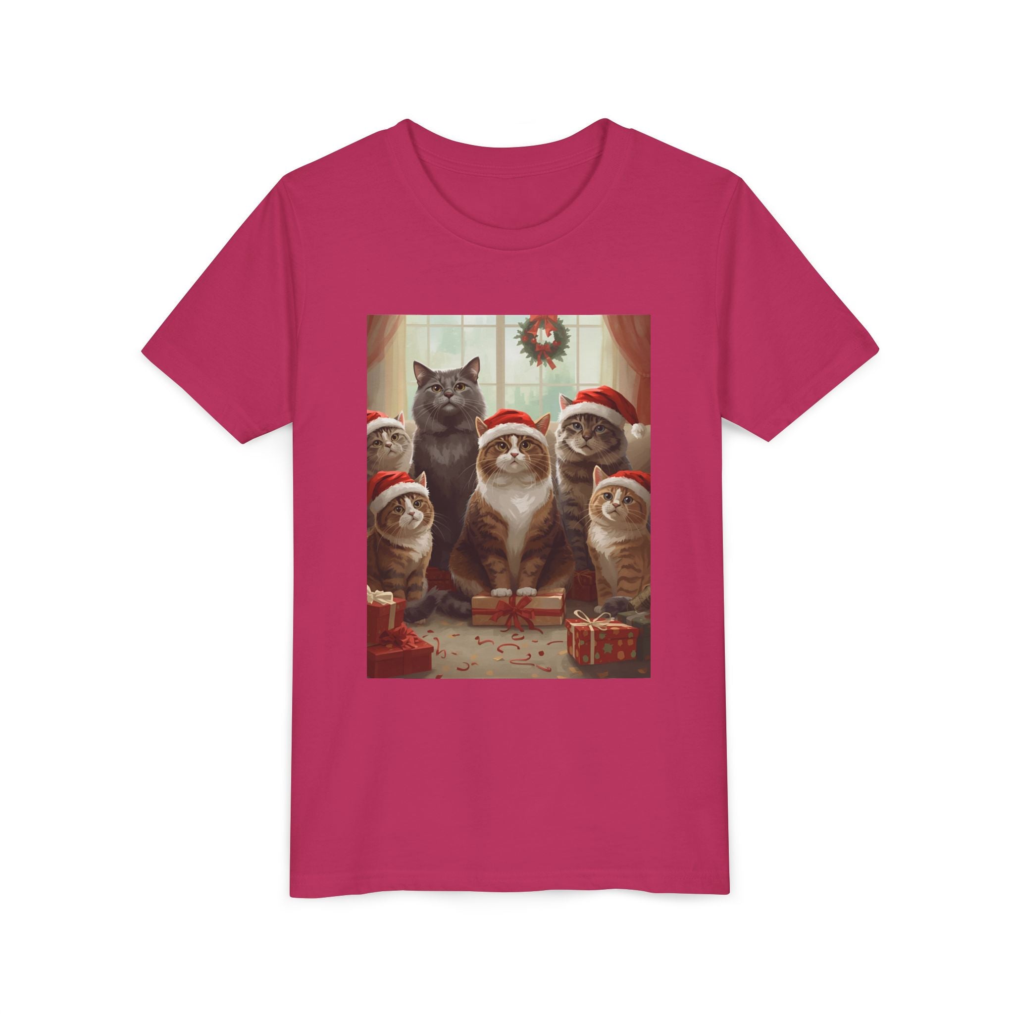Cute Festive Christmas Cat Youth Short Sleeve Tee