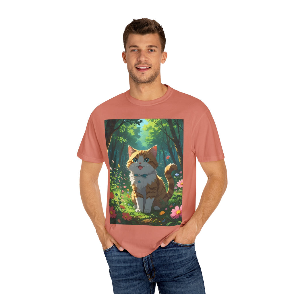 Whimsical Cat In Forest T-Shirt | Nature Lover Gift, Cute Pet Shirt, Animal Art Tee, Summer Outfit, Eco-Friendly Fashion