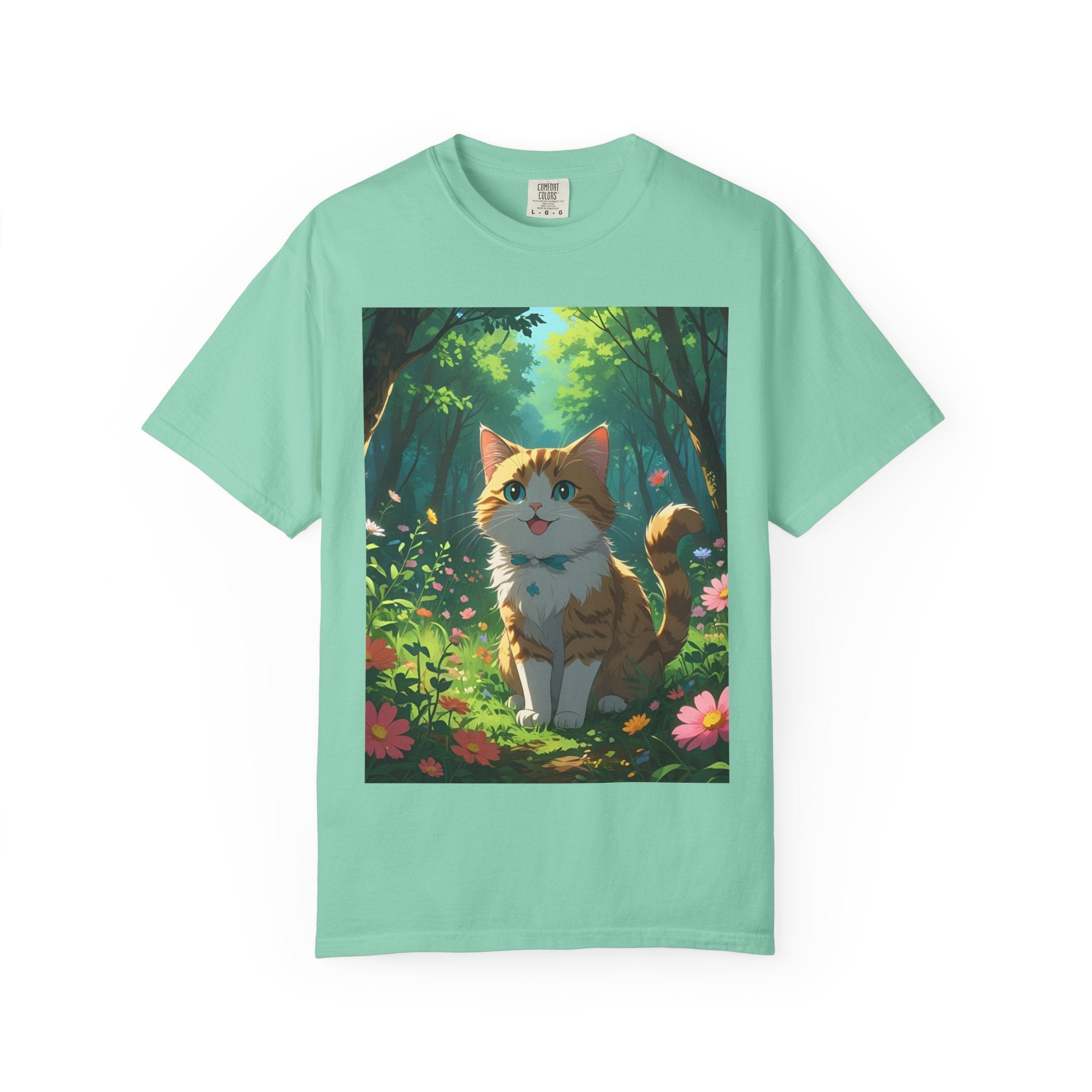 Whimsical Cat In Forest T-Shirt | Nature Lover Gift, Cute Pet Shirt, Animal Art Tee, Summer Outfit, Eco-Friendly Fashion