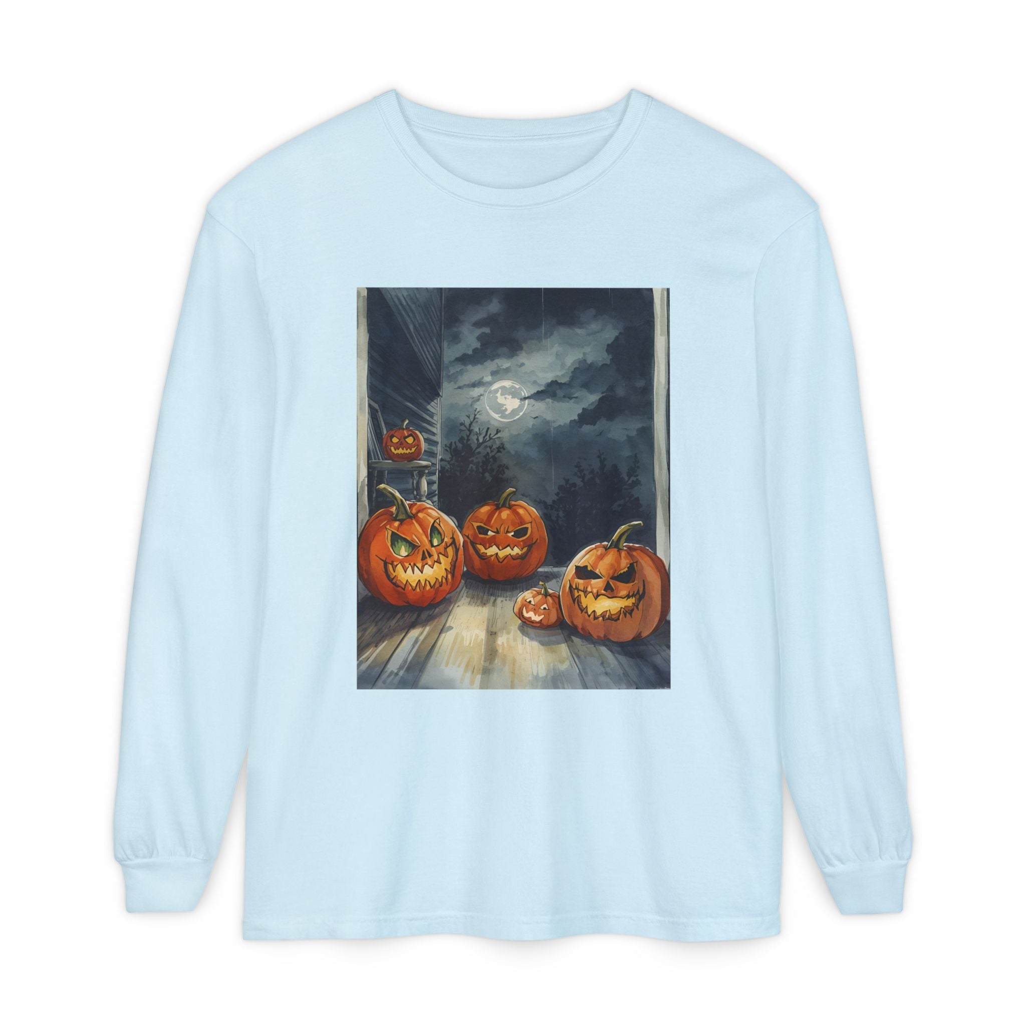 Halloween Pumpkin Scary Unisex Garment-dyed Long Sleeve T-Shirt