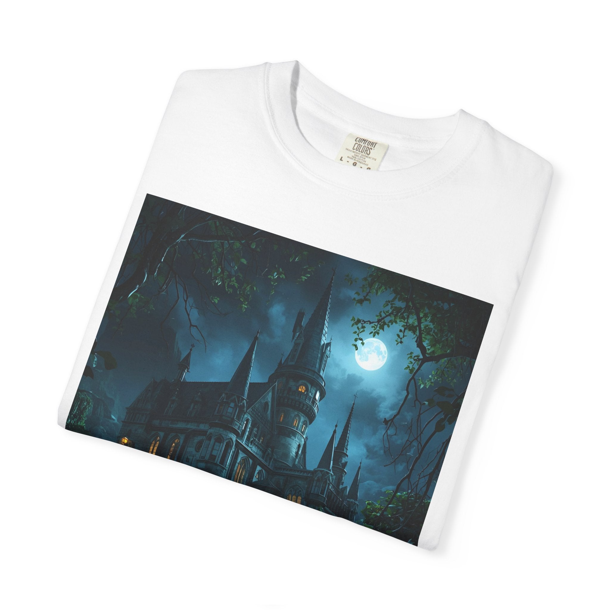 Mystical Night Scene Castle T-Shirt, Spooky Tees, Halloween Apparel, Gothic Style Shirt, Unisex Shirt, Nighttime Scene Tee