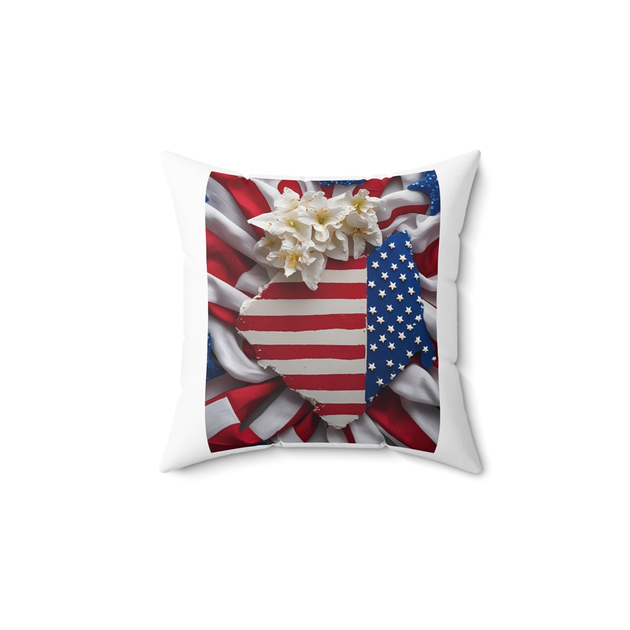 Patriotic Heart Pillow with Floral Accent, USA Decor, American Flag Throw Pillow, Memorial Day Gift, Fourth of July Cushion