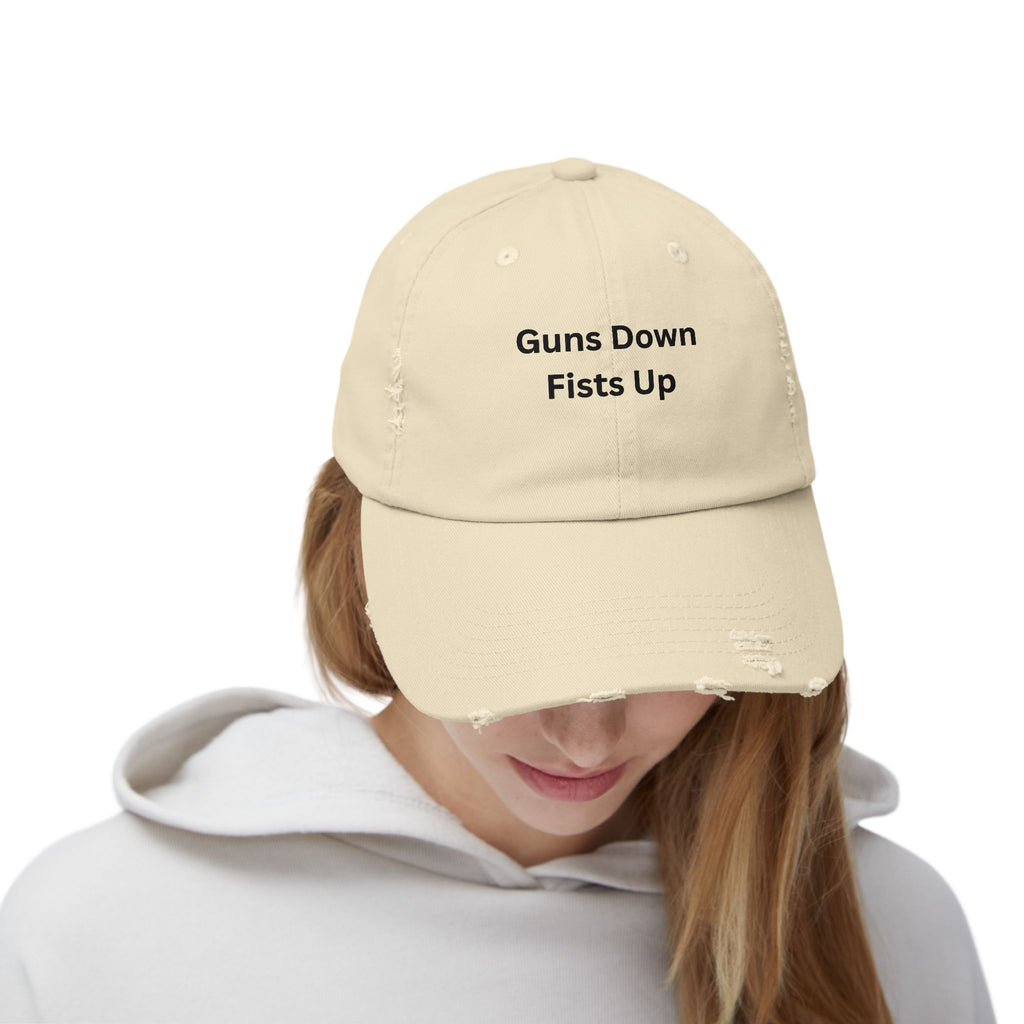 Guns Down Fists Up Unisex Distressed Cap, Casual Hat, Inspirational Headwear, Gift for Friends, Summer Accessories, Everyday Fashion
