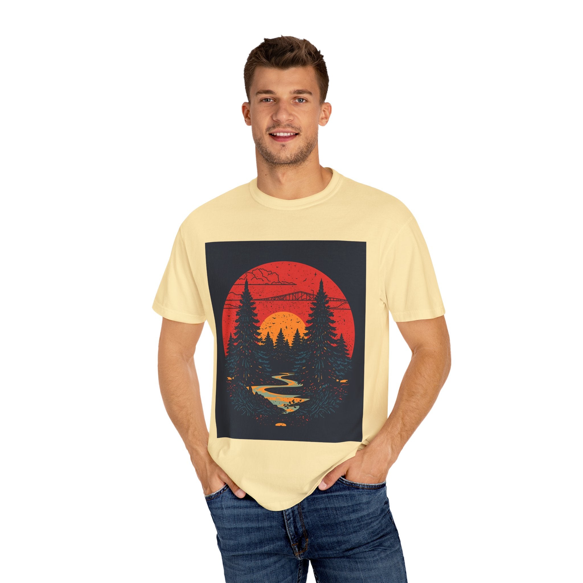 Sunset Forest Unisex Tee, Outdoor Adventure Shirt, Nature Lover Gift, Casual Stylish Top, Fall Fashion T-shirt