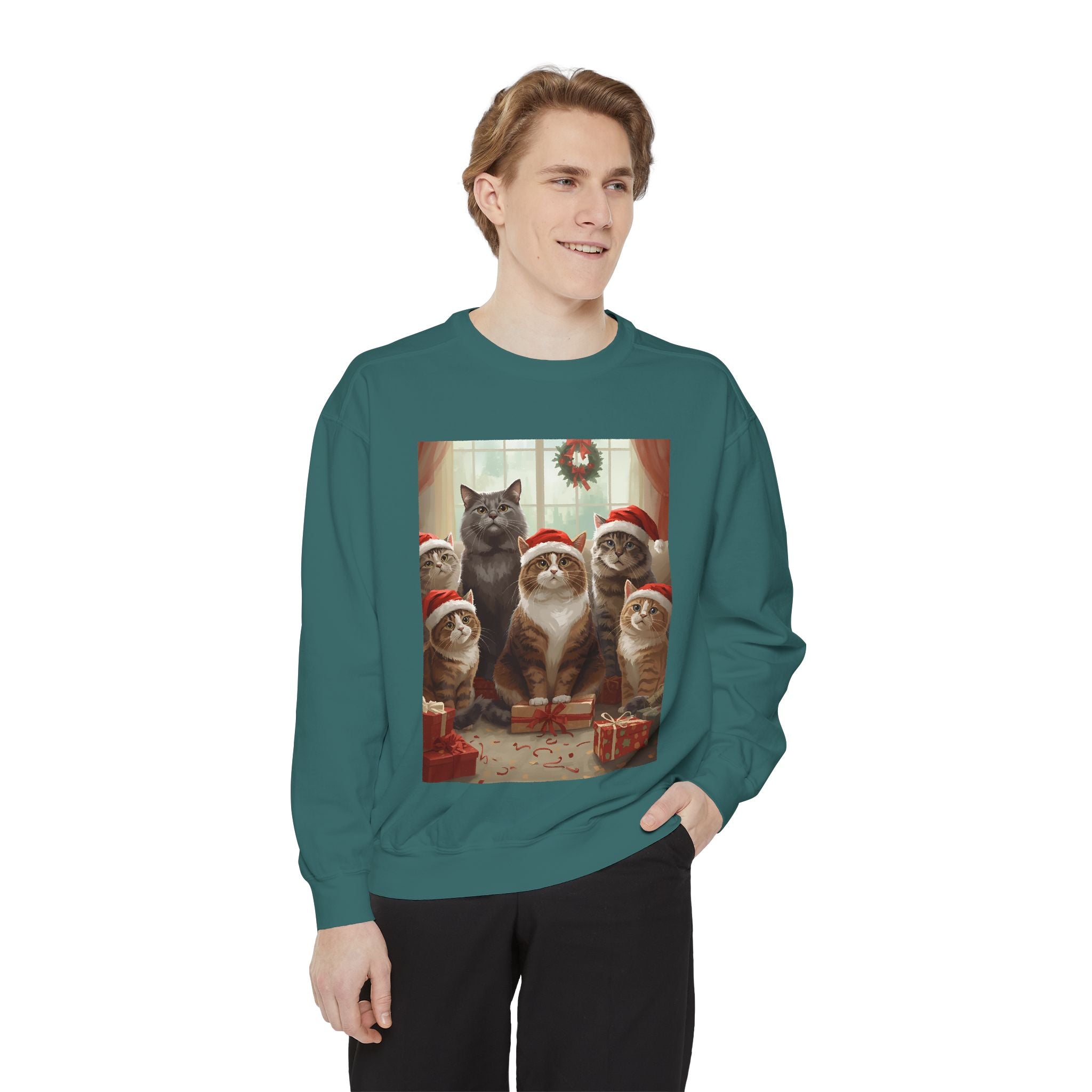 Cute Christmas Cat Festive Sweatshirt - Cozy Cat Christmas Pullover, Holiday Gift, Cat Lover Apparel, Unisex Sweatshirt, Cute Animal Sweater