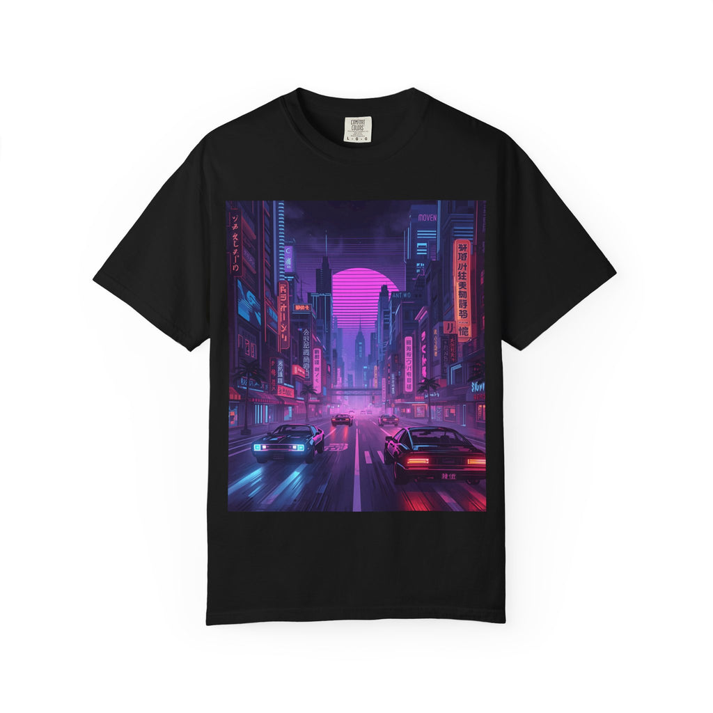 Futuristic Neon Cityscape T-Shirt, Retro Graphic Tee, Unisex Streetwear, Urban Vibe Shirt, Gift for Gamers, Summer Outfit