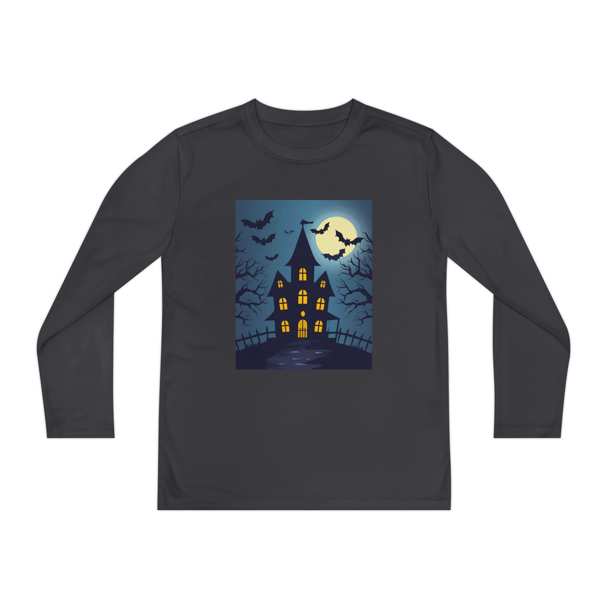 Halloween Haunted House Youth Long Sleeve Tee, Halloween Shirt, Spooky Tee, Ghostly Nightwear, Fall Apparel, Kids Halloween Costume