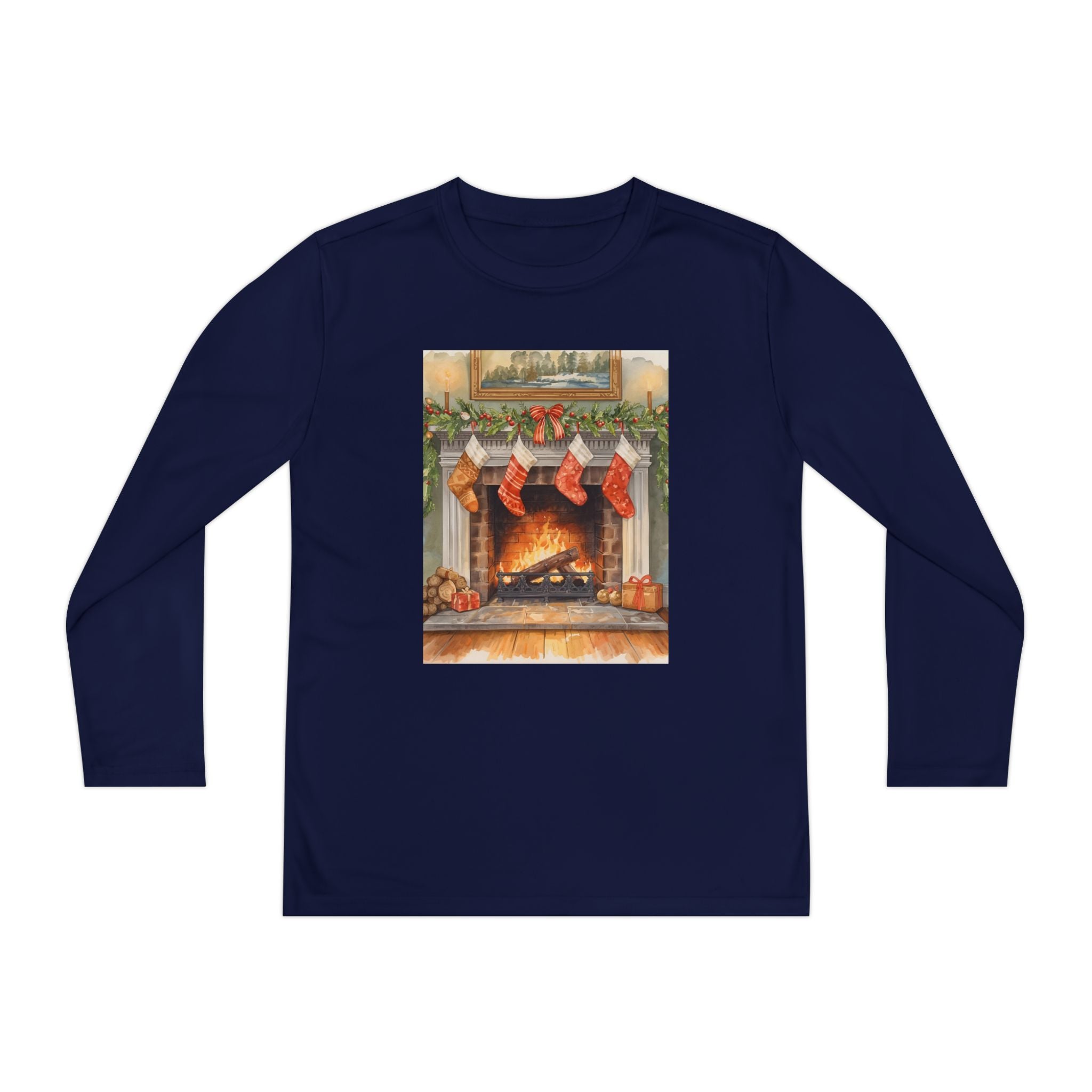 Christmas Stocking Fireplace Youth Long Sleeve Competitor Tee